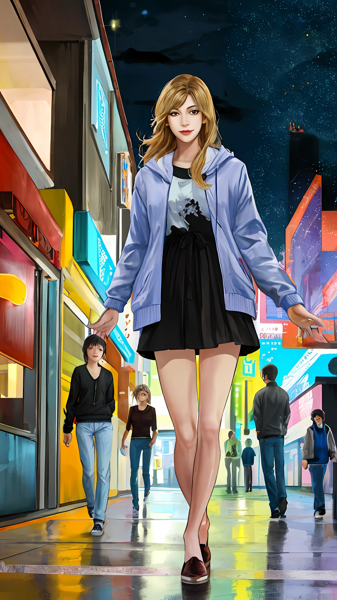4 friends walking goodbye night night light focus urban (clutter - house: 0.8) (masterpiece: 1.2) (realistic: 1.2) (Bokeh) (Best quality) (Detailed Skin: 1.3) (Intricate Details) (8K) (Detail Eyes) (Sharp Focus), (Happy)Casual Clothes