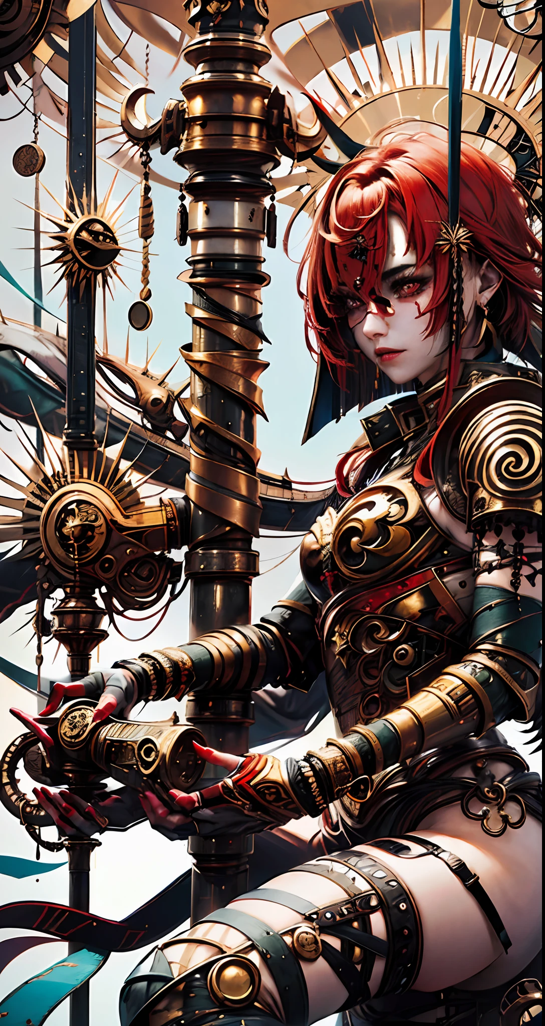 an oriental style warrior, short red hair, wearing only a short small golden armor, with body parts to mosta, bold, sensual, 8k image, high quality, many details, whole body, cinematic pose, light shaft focusing on the model, forest scenery with plants in blue color --auto --s2