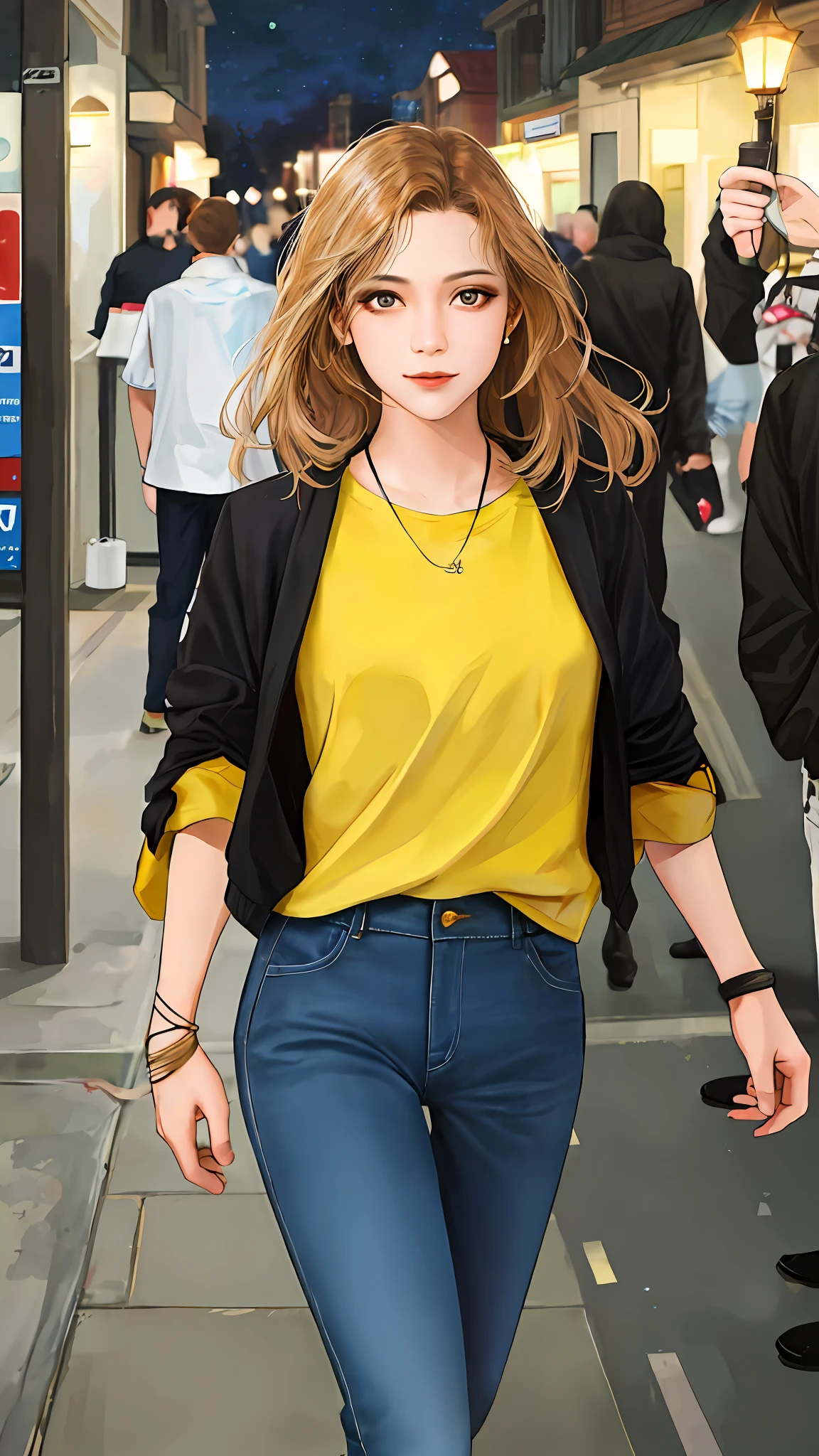 A walking girl saying goodbye background night urban fashion light focus (clutter - house: 0.8) (masterpiece: 1.2) (Realistic: 1.2) (Bokeh) (Best quality) (Detailed Skin: 1.3) (Intricate Details) (8K) (Detail Eyes) (Sharp Focus), (Happy)Casual Clothes