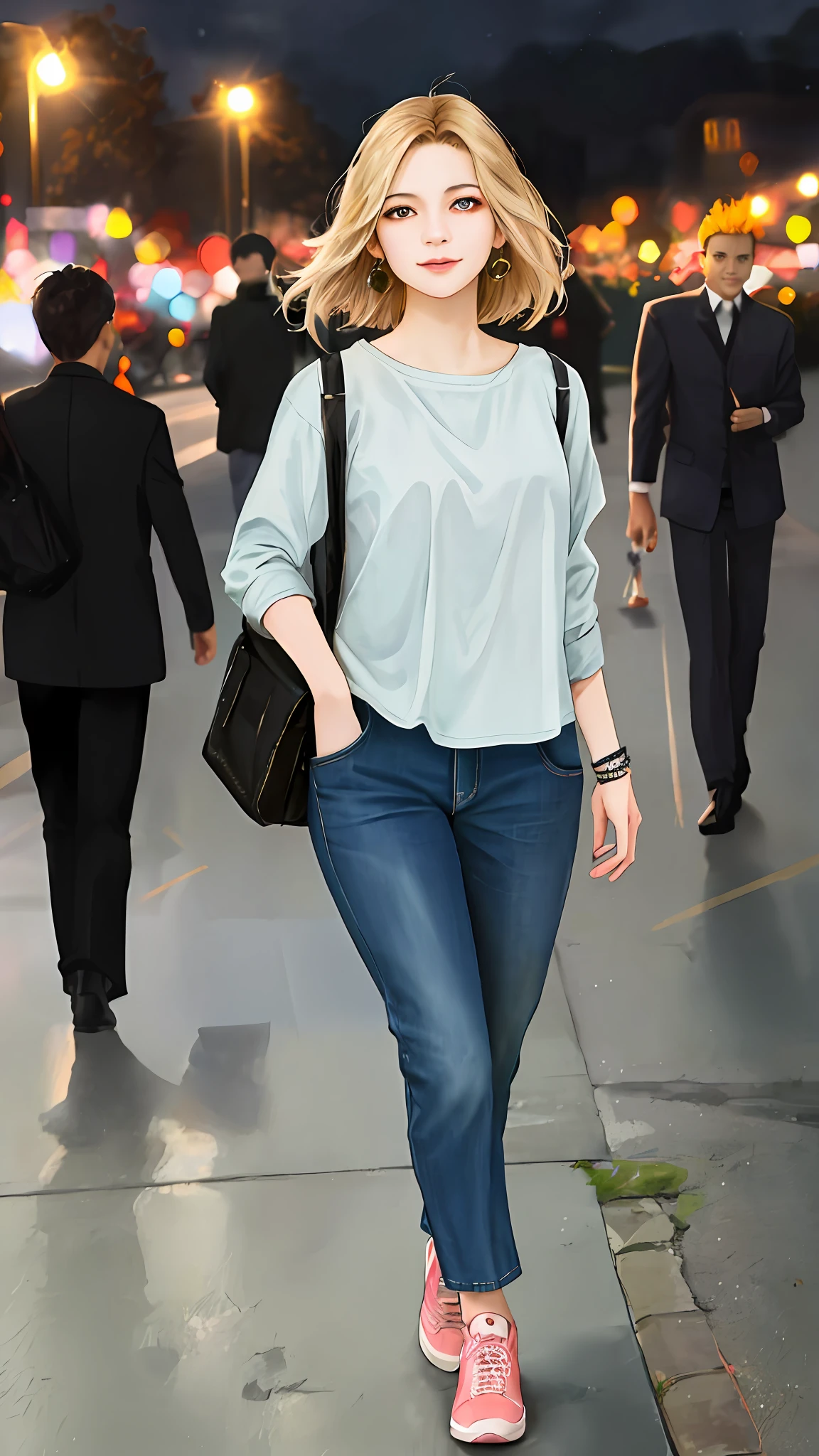 A walking girl saying goodbye background night urban fashion light focus (clutter - house: 0.8) (masterpiece: 1.2) (Realistic: 1.2) (Bokeh) (Best quality) (Detailed Skin: 1.3) (Intricate Details) (8K) (Detail Eyes) (Sharp Focus), (Happy)Casual Clothes