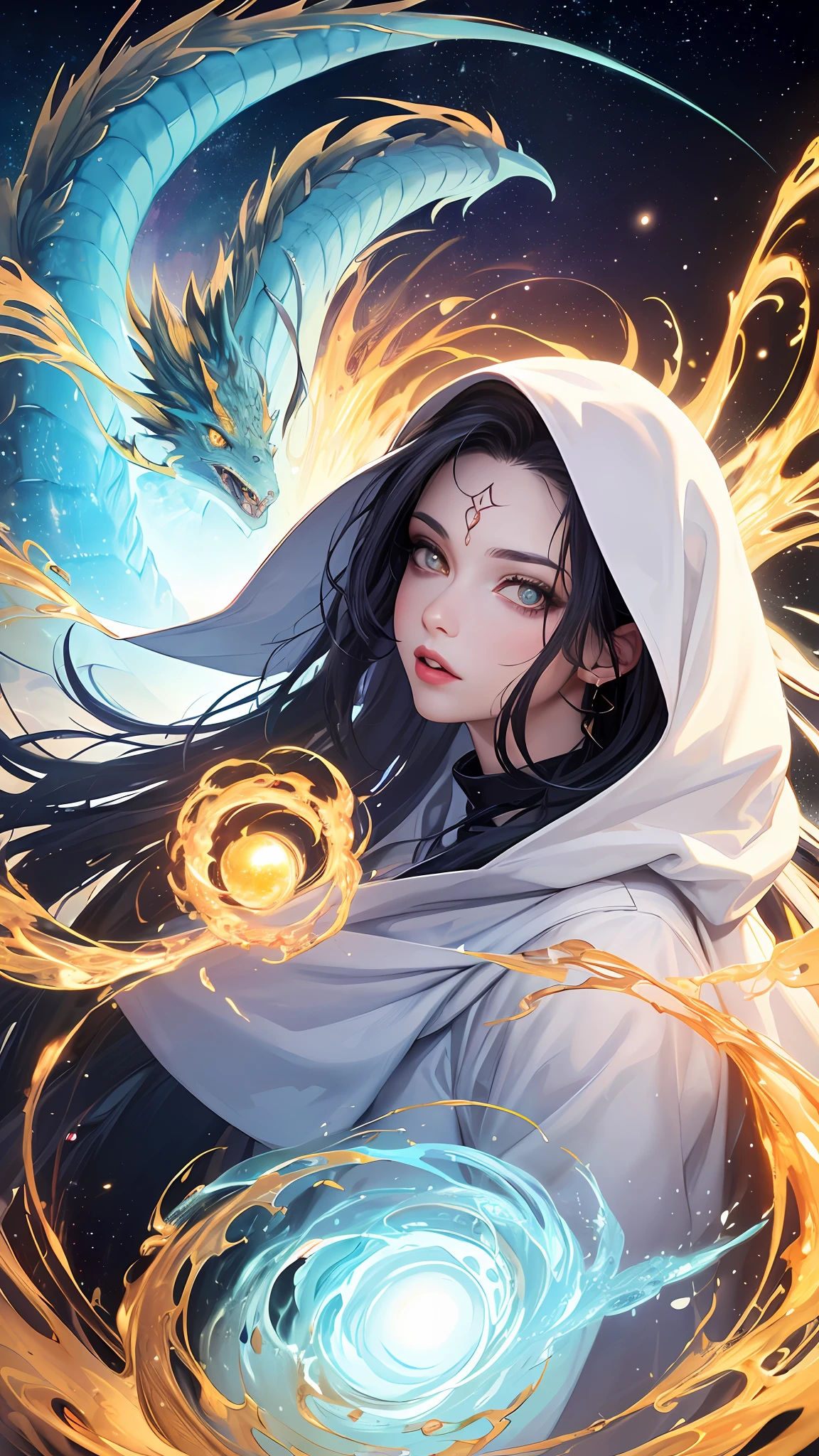 (masterpiece, top quality, best quality, official art, beautiful and aesthetic:1.2), (1girl), extreme detailed eyes, (fractal art:1.3), colorful, highest detailed, (perfect face), shiny skin, HDR, (white cloak golden lines:1.2), galaxy, (light streaks), striking visuals, (dynamic streaks, luminous trails:1.2), vibrant colors, (phoenix), (dragon)
