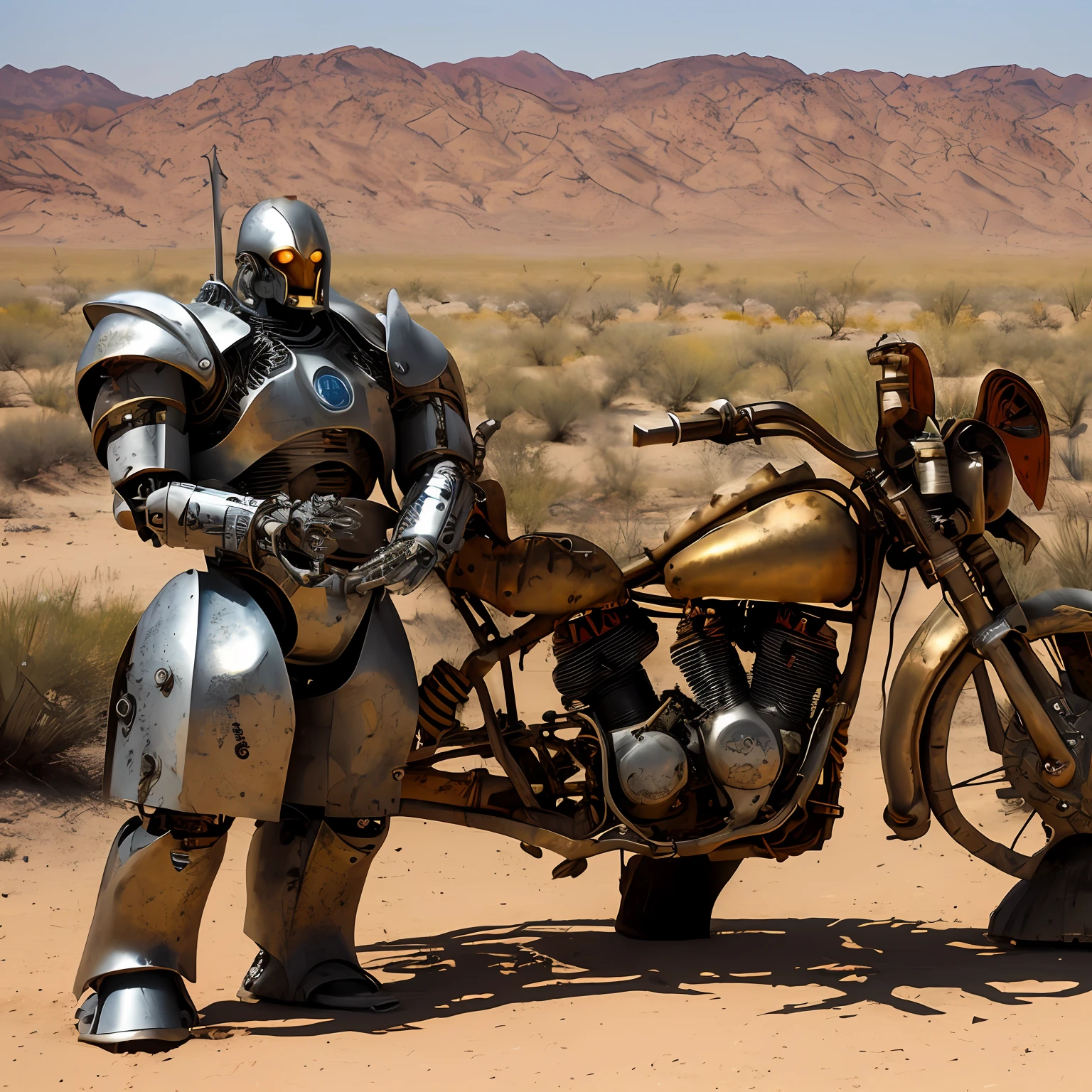 In a scorching hot desert, partially rusty mechanical cyborg warriors, golden armor, only one piece.