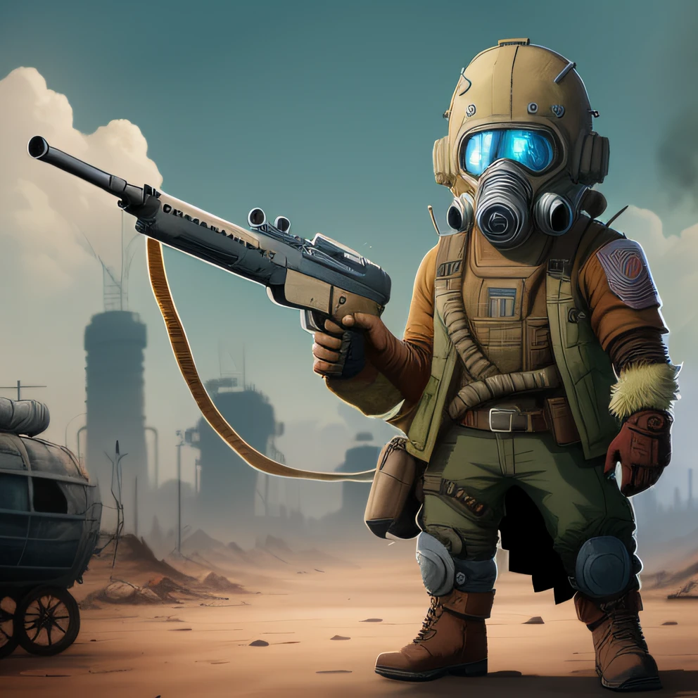 A cartoon of a man with a gas mask holding a gun, Fallout style, Post - Apocalyptic Scavenger, Apocalyptic Fallout 7 6, Fallout Concept Art, In the Fallout Wasteland, Wearing apocalyptic clothes, Post - Apocalyptic warriors, Post-apocalyptic, Fallout Power Armor, Dystopian Bounty Hunter, Post Apocalyptic Attire, Post-apocalyptic Explorer, Standing in Wasteland anime colorful pose military clothing more colorful ciadade iverno snow