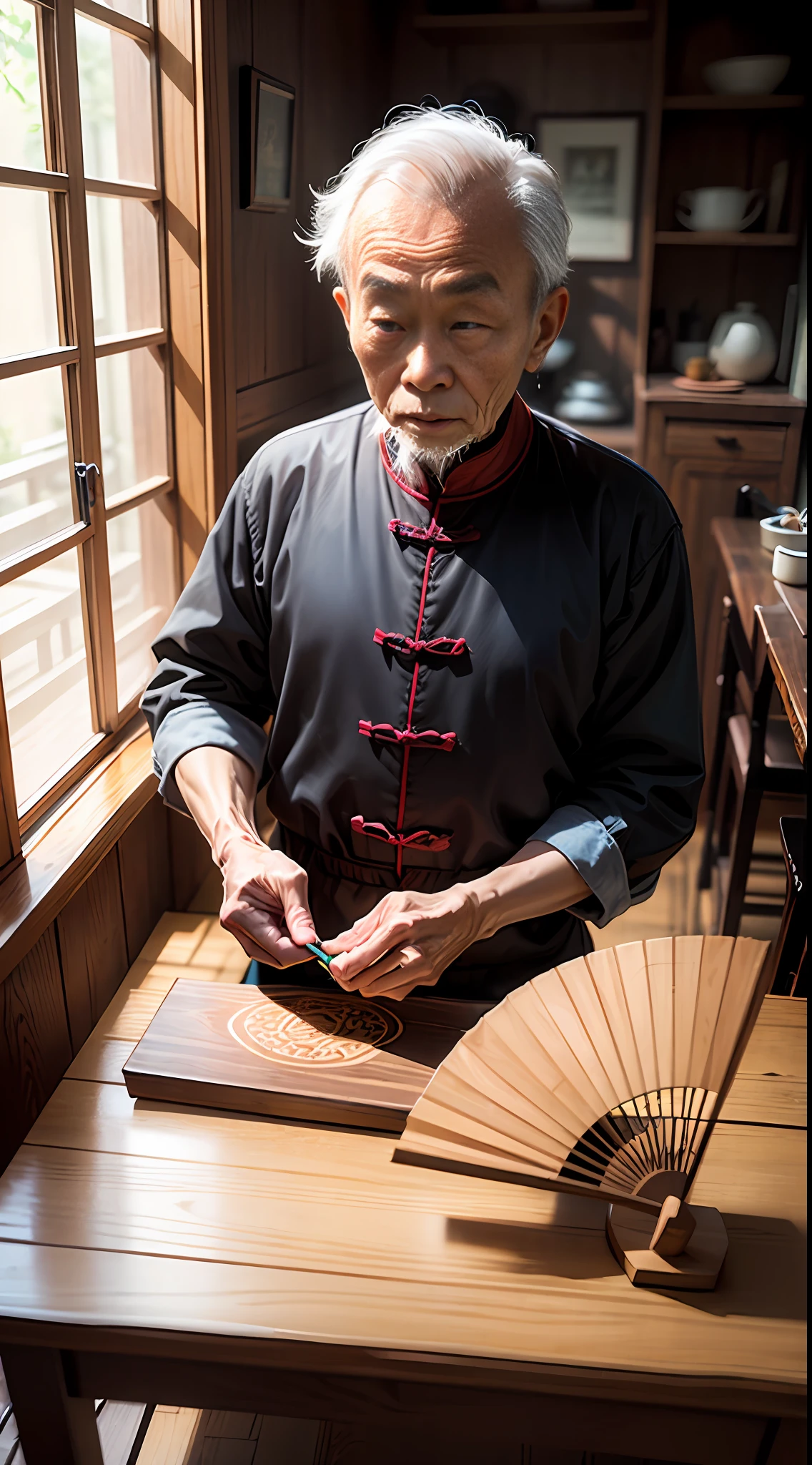 An old Chinese man handmade a folding fan in front of a wooden table, which is fan-shaped wood, carved, very exquisite, and the real scene is high-definition --auto