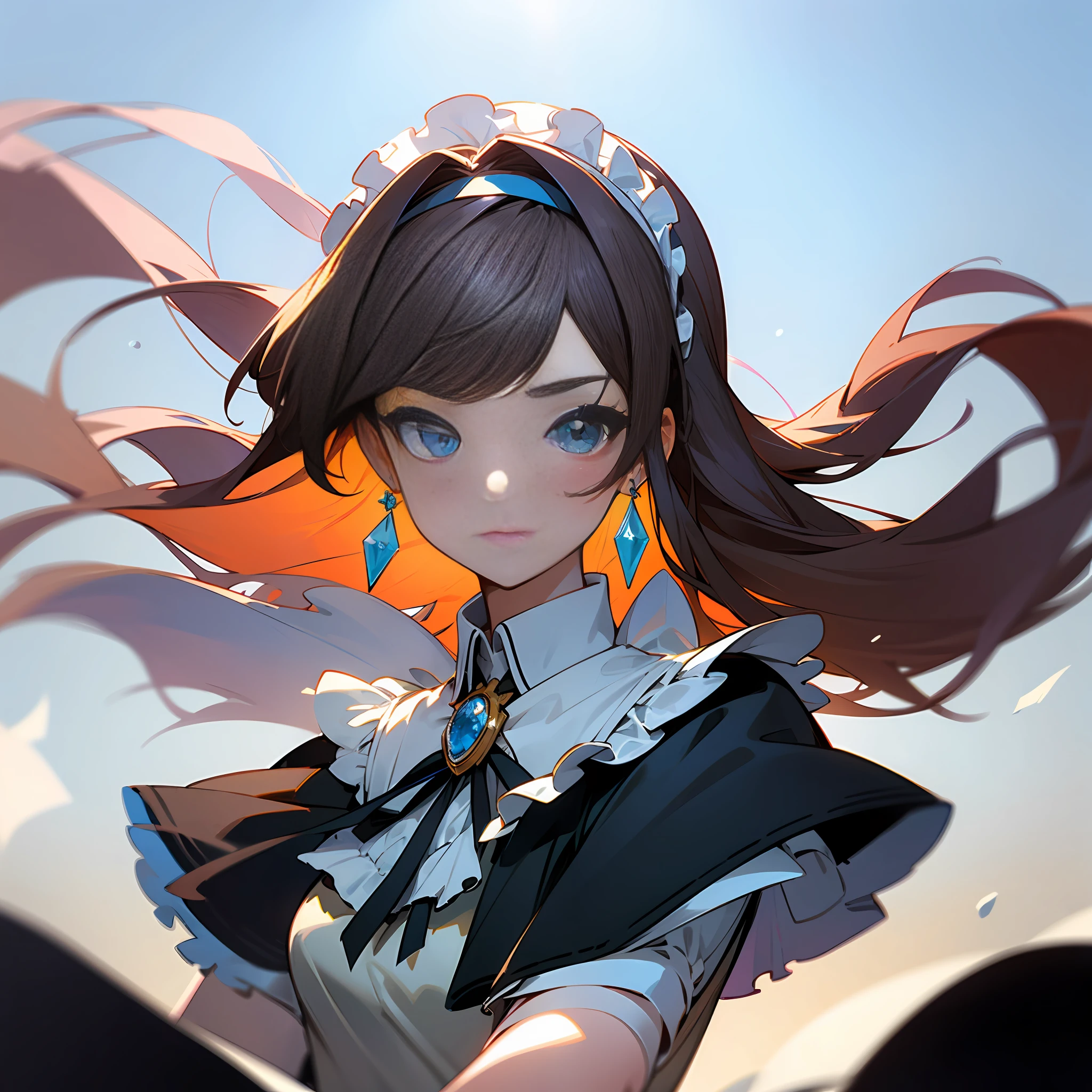 Classic (())), ((best quality)), (hyperfine), (illustration), light (fine), (extremely delicate and beautiful), (beautiful delicate eye),1girl,bangs,blue_eyes,blush,bonnet,brooch,brown_hair,capelet,closed_mouth,dress,earrings,eyebrows_visible_through_hair,floating_hair,frilled_hairband,frills,gem,headdress,jewelry,lolita_hairband,long_hair,looking_at_viewer,maid,maid_headdress,outdoors,sapphire_(gemstone),solo,sunlight,upper_body,wind --auto