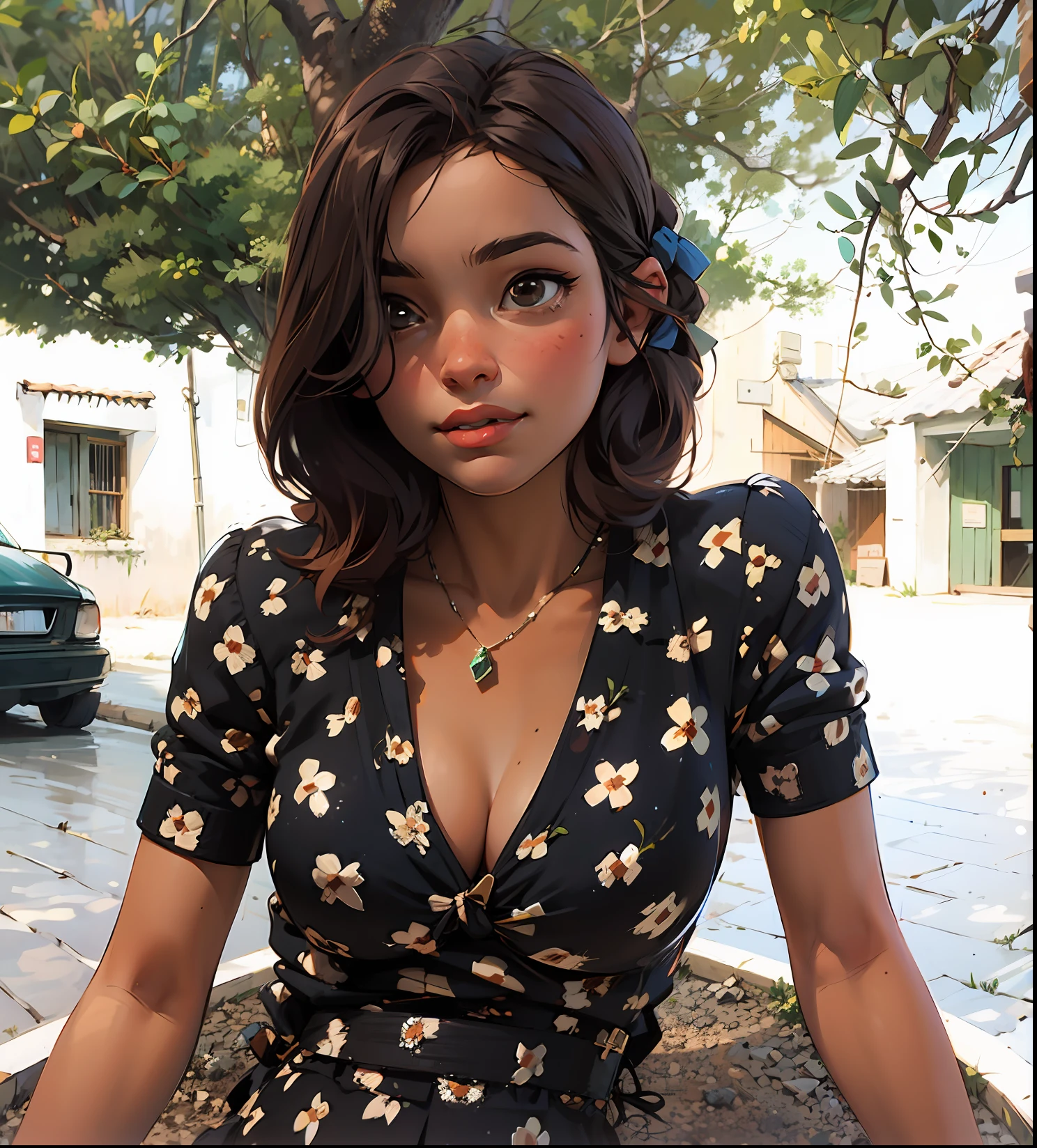 a hyper-realistic portrait of a young woman, under a tree, inside a forest, in the middle of nature, 22 years old, realistic, (lying on her side), sexy, (huge breasts 2:1), short brown hair, (hair tied with bows), curved, SFW
