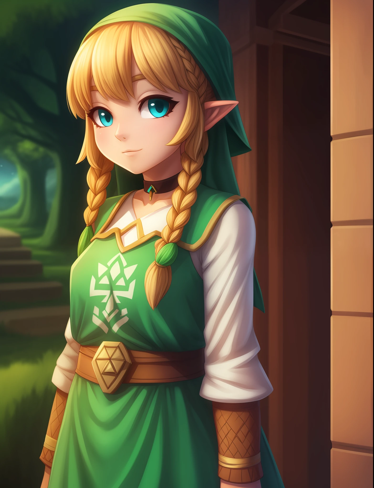 masterpiece, best_quality, 1girl, solo, linkle, nintendo, the legend of zelda, braid, twin braids, choker
