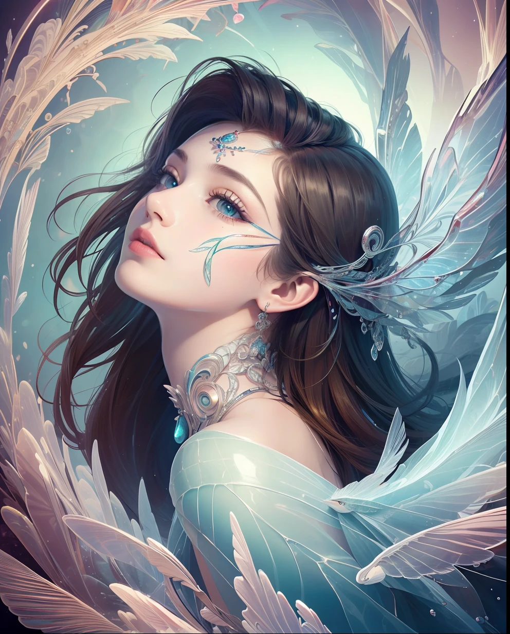 Realistic, (Masterpiece, Top Quality, Best Quality, Official Art, Beauty and Aesthetics: 1.2), Very Detailed, Fractal Art, Colorful, Most Detailed, Zentangle, (Abstract Background: 1.5) (1boy: 1.3), A Girl _ Like a Swan, Wearing Hetian Jade, Jade Luster, White Lionfish Like Wings, Open Wings, Beautiful Feathers, Clean Background