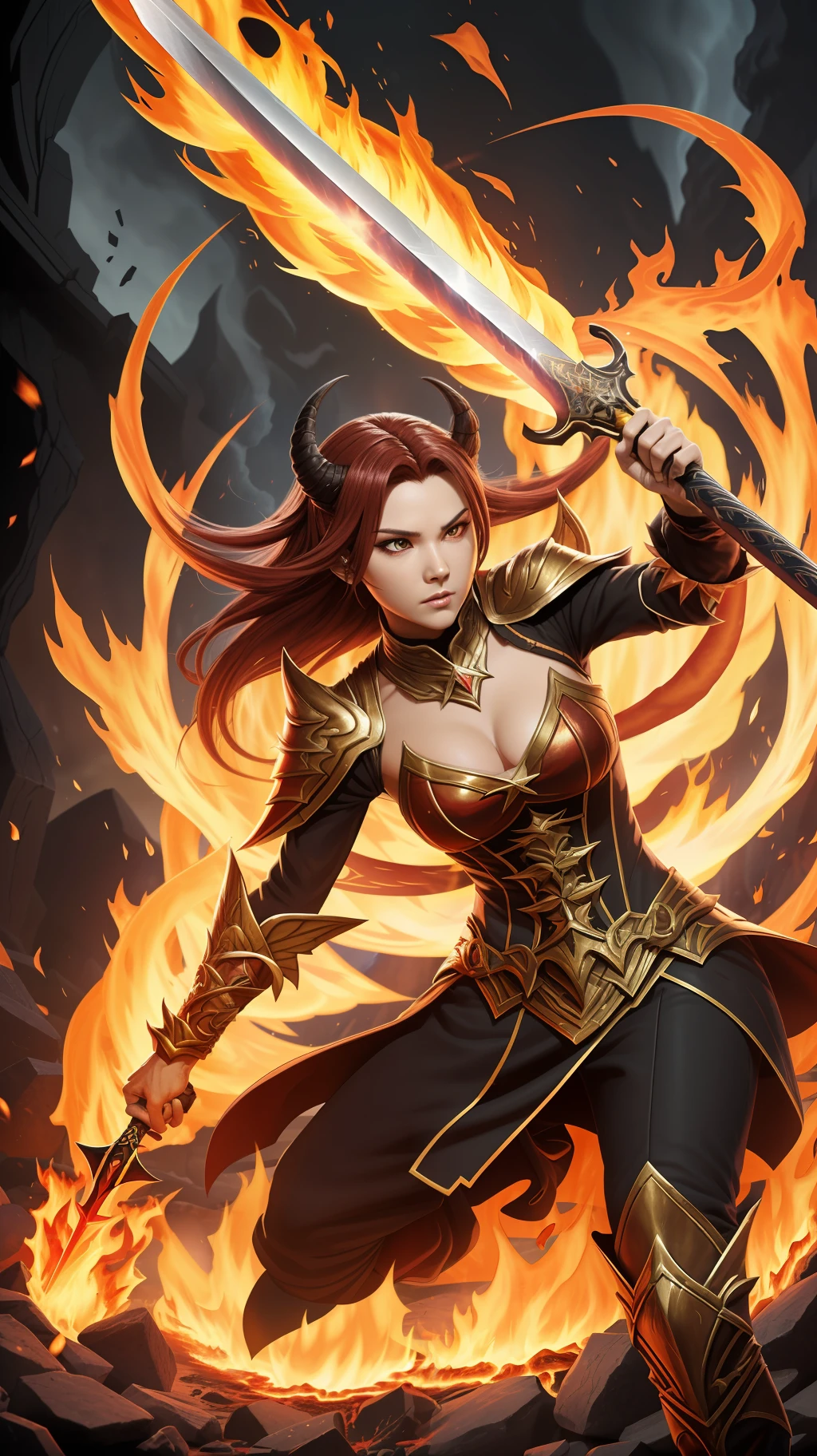 Infernal Vortex, the Blazing Tempest:

Description: A fiery demon with swirling flames for hair and burning wings. Wields a sword made of molten lava.
Abilities: Controls fire and can summon infernal tornadoes