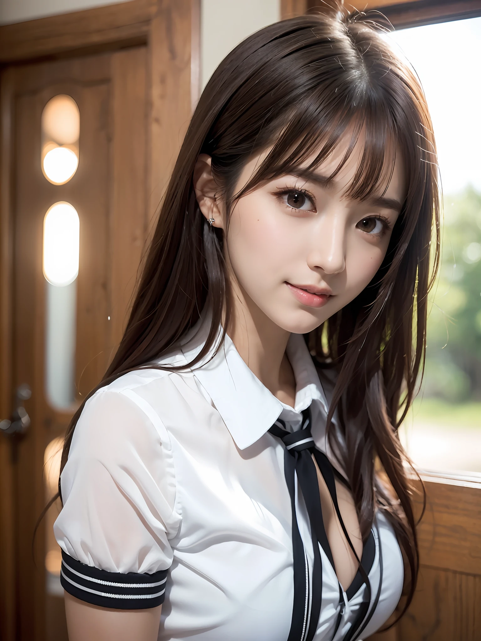 High School Uniform, (Knee-High Socks), (Innocent and Classy Girls: 1.2), (Layered Hairstyle, Brown Hair), Medium Long Hair, (Refreshing Smile: 1.2), ((Upper Body Shot: 1.2)), (Medium Large Breath: 1.2), (Upper Bust), (Fair Skin: 1.2), (Home Door: 1.2), (View Viewer: 1.1), from a distance from the top, Highly detailed face and skin texture, detailed eyes, double eyelids, pale cheeks, shiny skin, no shiny small neck, shiny lips: 1.4, facial lighting, , Korean idol, Nogizaka idol, gravure idol, actress