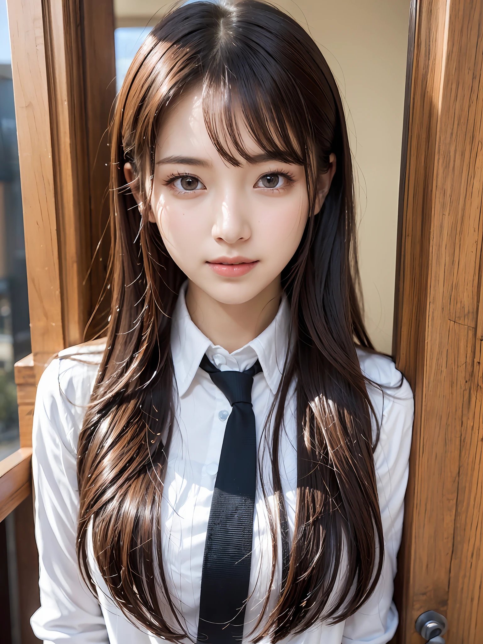 High School Uniform, (Knee-High Socks), (Innocent and Classy Girls: 1.2), (Layered Hairstyle, Brown Hair), Medium Long Hair, (Refreshing Smile: 1.2), ((Upper Body Shot: 1.2)), (Medium Large Breath: 1.2), (Upper Bust), (Fair Skin: 1.2), (Home Door: 1.2), (View Viewer: 1.1), from a distance from the top, Highly detailed face and skin texture, detailed eyes, double eyelids, pale cheeks, shiny skin, no shiny small neck, shiny lips: 1.4, facial lighting, , Korean idol, Nogizaka idol, gravure idol, actress