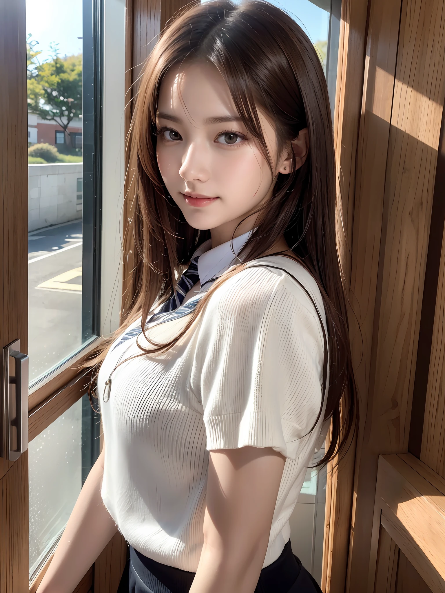 High School Uniform, (Knee-High Socks), (Innocent and Classy Girls: 1.2), (Layered Hairstyle, Brown Hair), Medium Long Hair, (Refreshing Smile: 1.2), ((Upper Body Shot: 1.2)), (Medium Large Breath: 1.2), (Upper Bust), (Fair Skin: 1.2), (Home Door: 1.2), (View Viewer: 1.1), from a distance from the top, Highly detailed face and skin texture, detailed eyes, double eyelids, pale cheeks, shiny skin, no shiny small neck, shiny lips: 1.4, facial lighting, , Korean idol, Nogizaka idol, gravure idol, actress