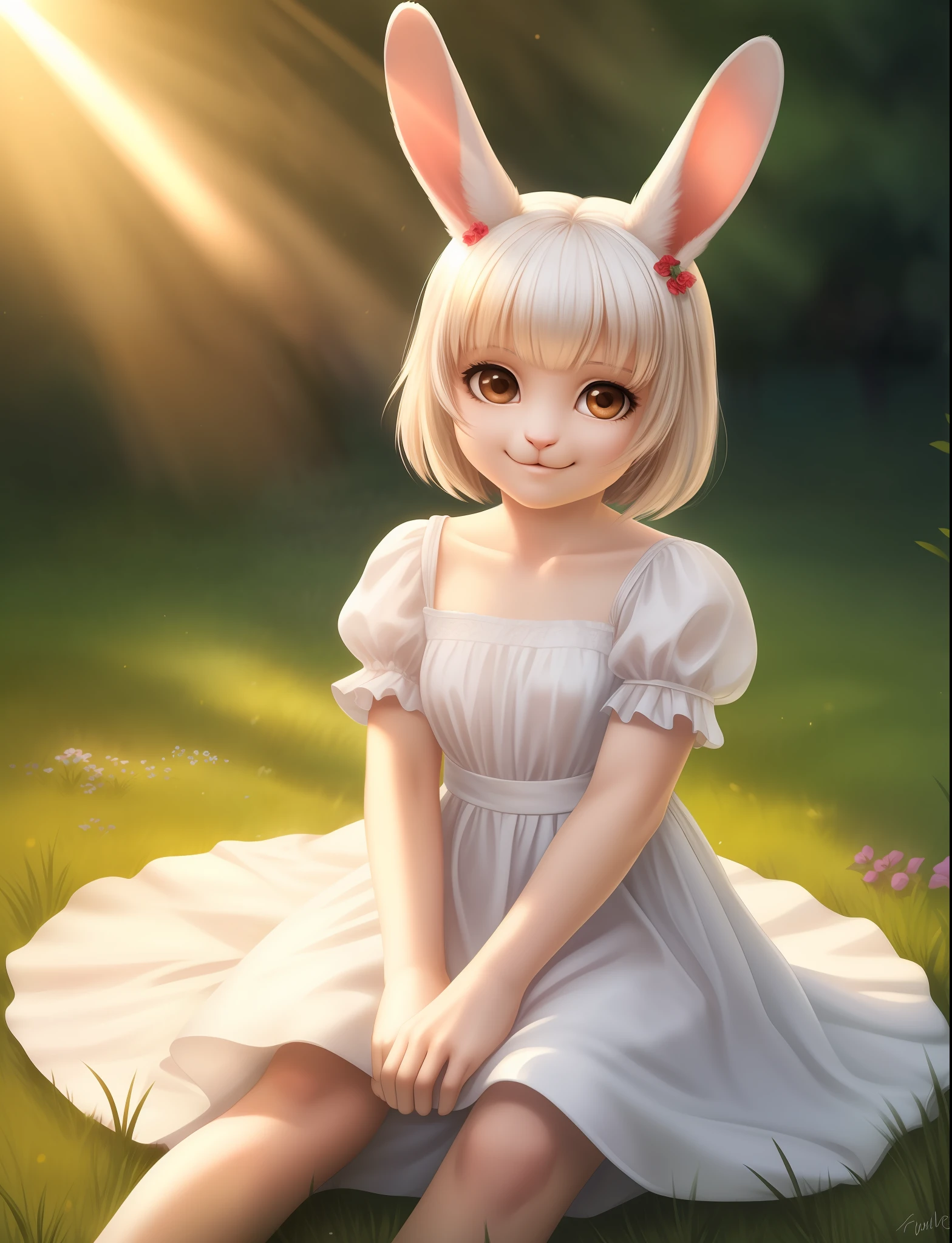 (((Realistic, best quality)))), a girl, alone, animal ears, rabbit, barefoot, knees up, dress, sitting, small rabbit ears, short sleeves, looking at the viewer, grass, short hair, smile, white hair, puffy sleeves, outdoors, puffy short sleeves, bangs, on the floor, whole body, animal, white dress, sunlight, brown eyes, sunlight stained, day, depth of field,