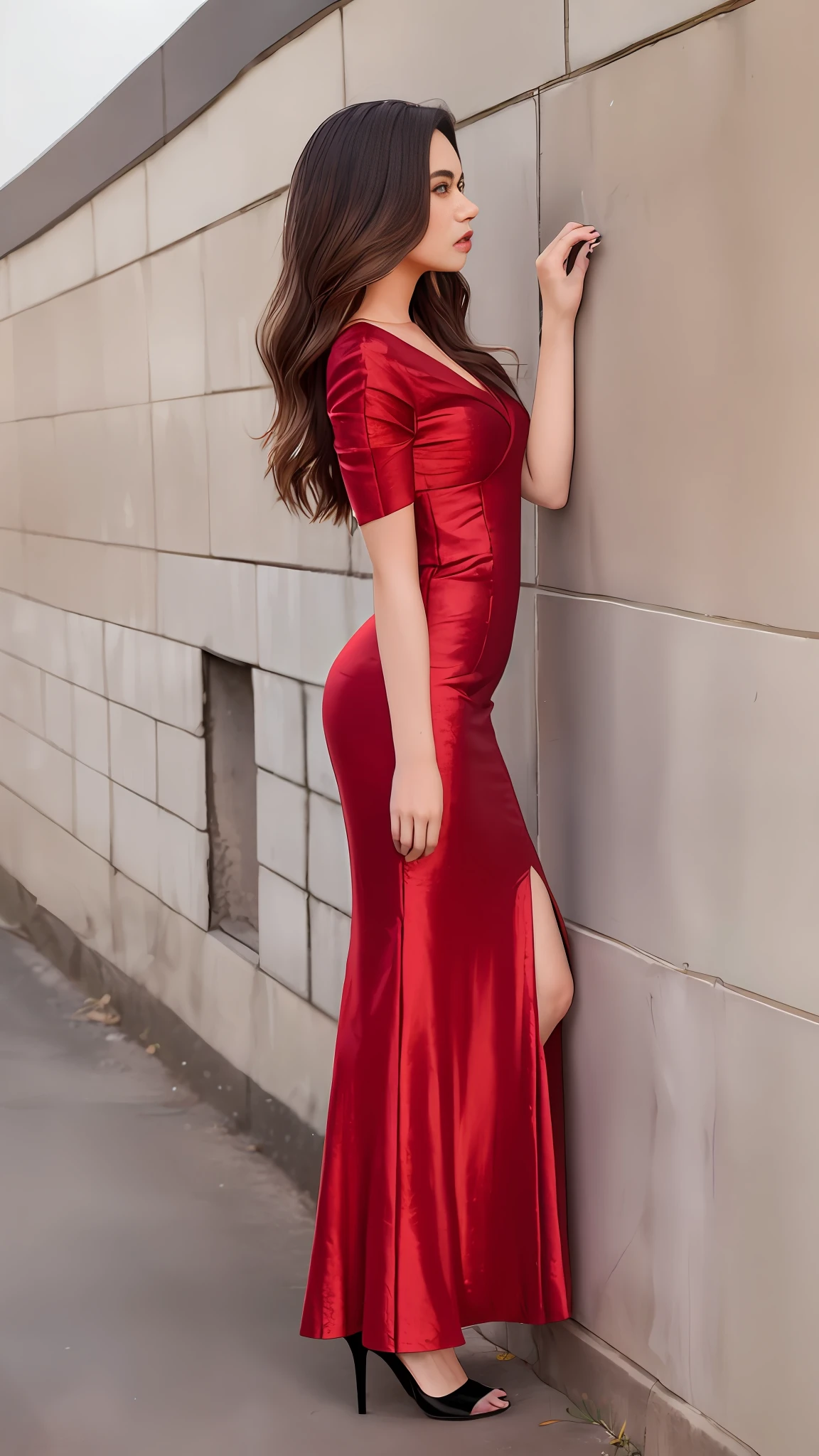 araffe in a red dress leaning against a wall, full length view, shot from the side, full body length shot, full body in view, from the side, seen from the side, looking from side!, full length shot, sexy red dress, full body shot close up, looking off to the side, view from the side, looking from side