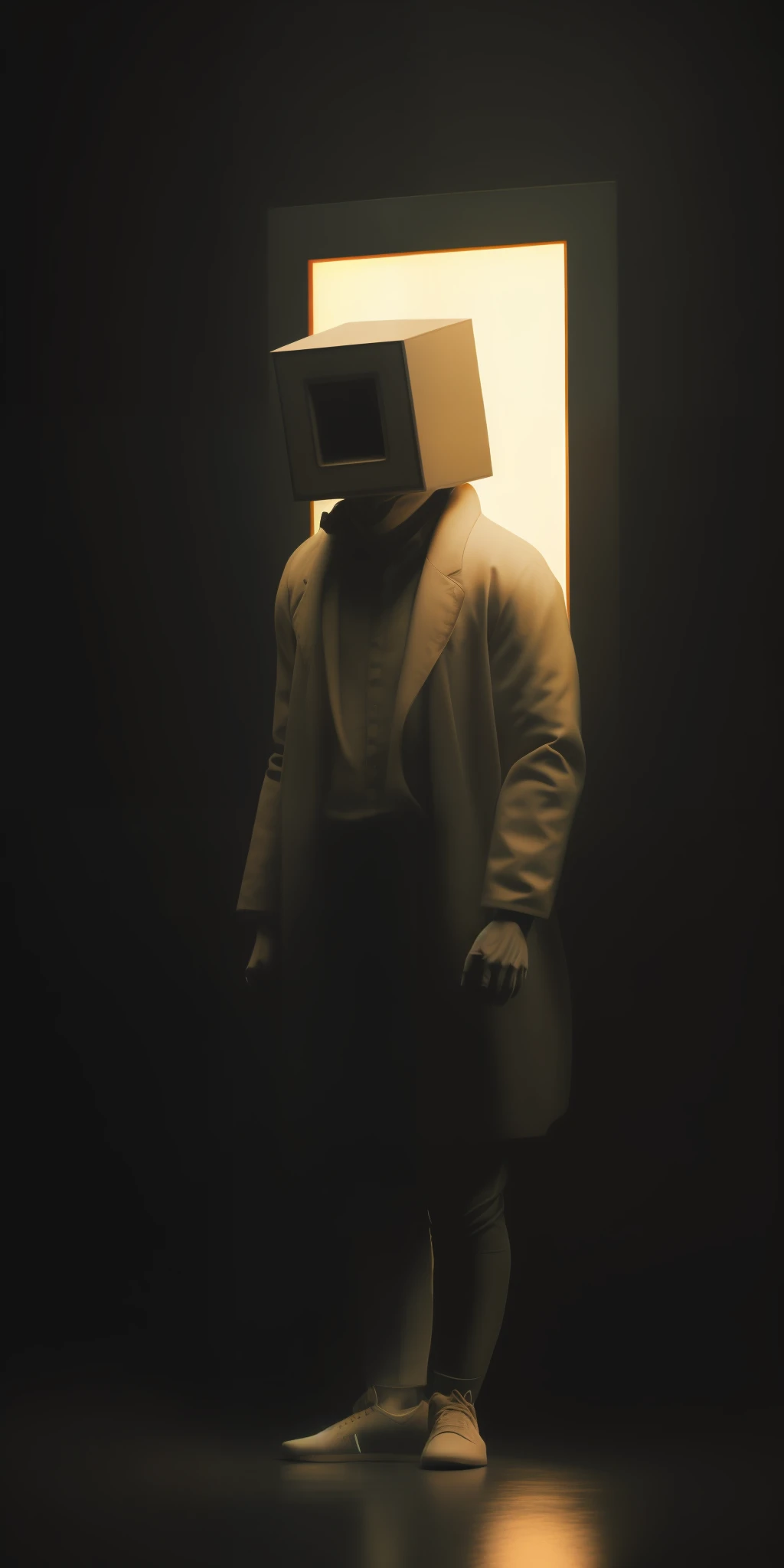 a man with a box on his head standing in the dark