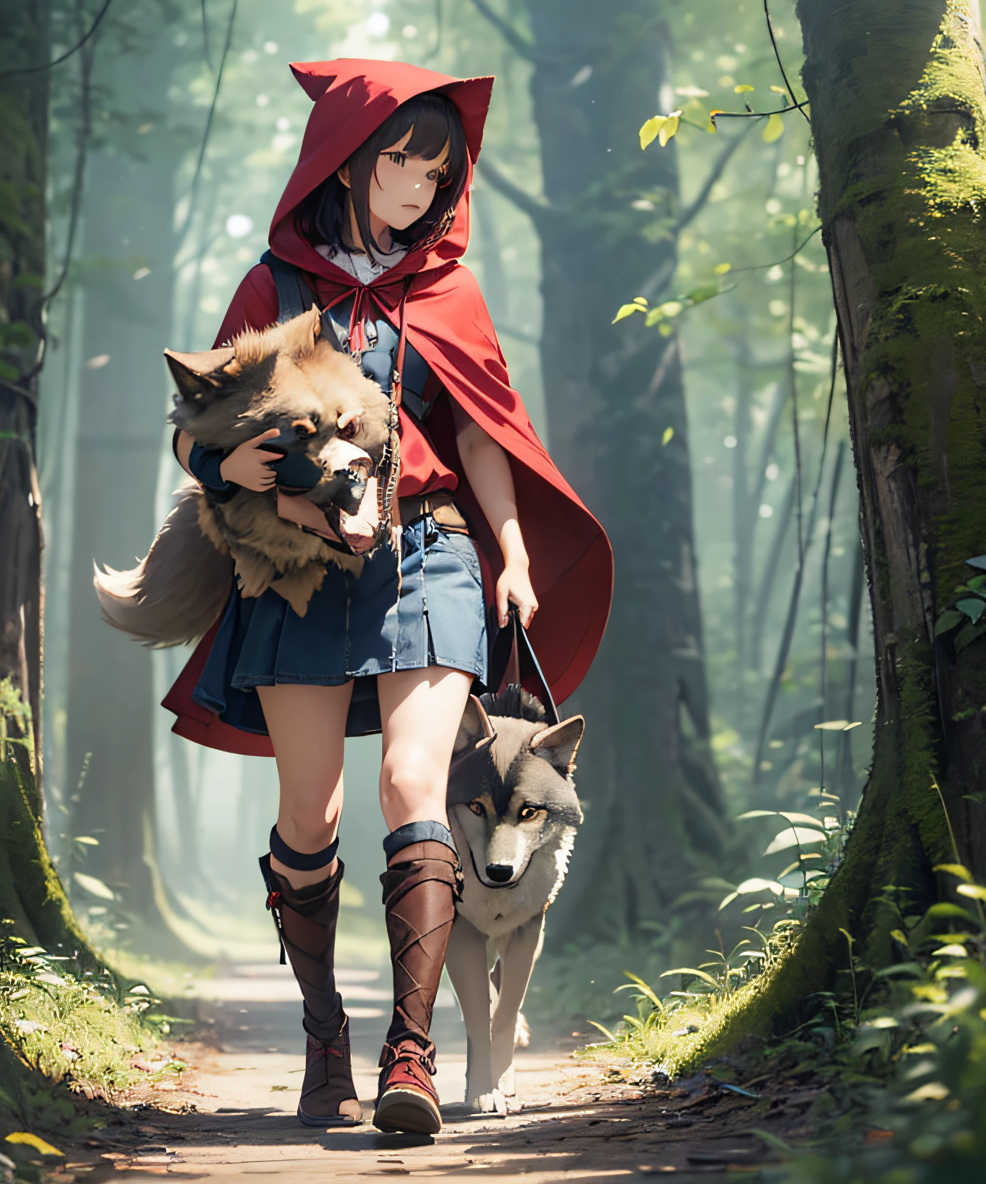 masterpiece, realistic, in the deep forests of dimly lit Europe, Little Red Riding Hood woman carrying a backpack in the shape of a wolf, 18 years old, glossy skin, full body, short red hair, thighs, calves, Little Red Riding Hood with deep slits, bare feet, trekking shoes, walking with a big wolf holding Little Red Riding Hood mascot character behind it, photorealistic