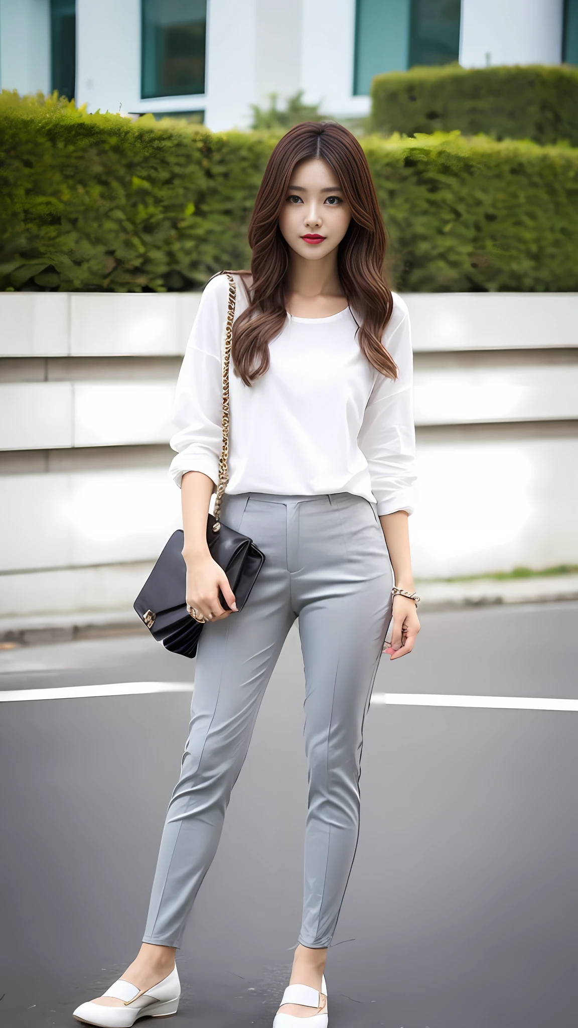 Slim pants, trousers, flat shoes