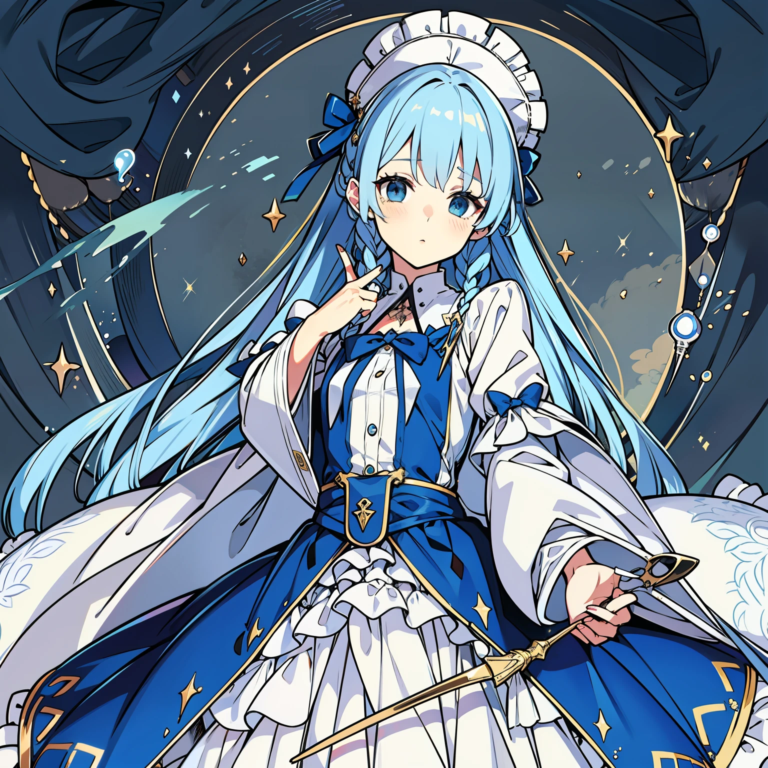 A girl with light blue hair, wearing a Lolita-style long dress, with an intricate and gorgeous decorative ribbon on her head, her hair tied into a princess braid, wearing a white Lolita, wearing a gorgeous Ponet, holding a blue staff in one hand, the staff emits dark blue flame-like magic outward, and the magic is wrapped around like silk threads. Hold a small tailoring scissors in the other hand