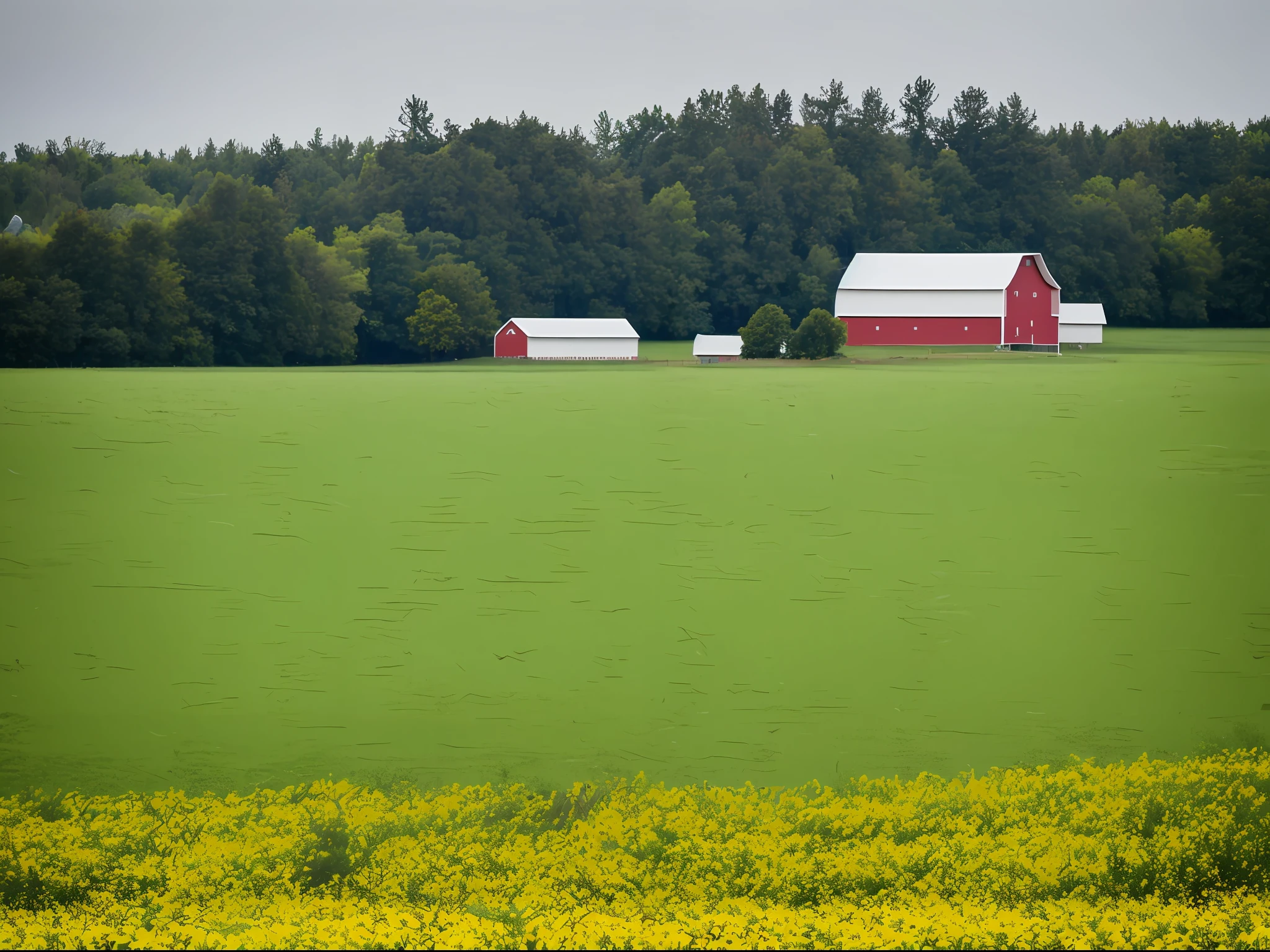 a green field (((no trees))) (((No mountains))) with gray sky and a barn in the background 100% focused with sigma 150mm lens and nikon d7200 f/5.6-6.3 G OSS, natural light, photography hyper-realistic, ultra-detailed –ar 3:2 –q 2 –s 750
