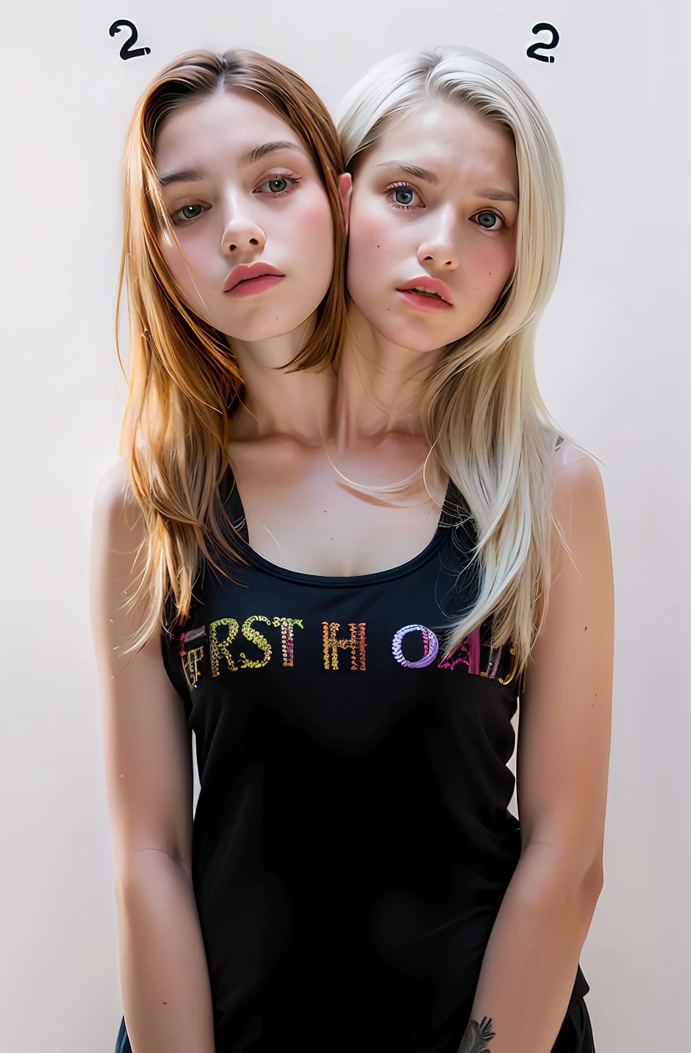 2heads, two headed girl, (one torso:1.5), pale skin, Scottish redhead, teenager, white girls, different ages, (two heads on one body:1.4), (first head uncomfortable:1.5), (second head unhappy:1.5) conjoined twins, heads side by side, one torso, young, uncomfortable, barefoot
