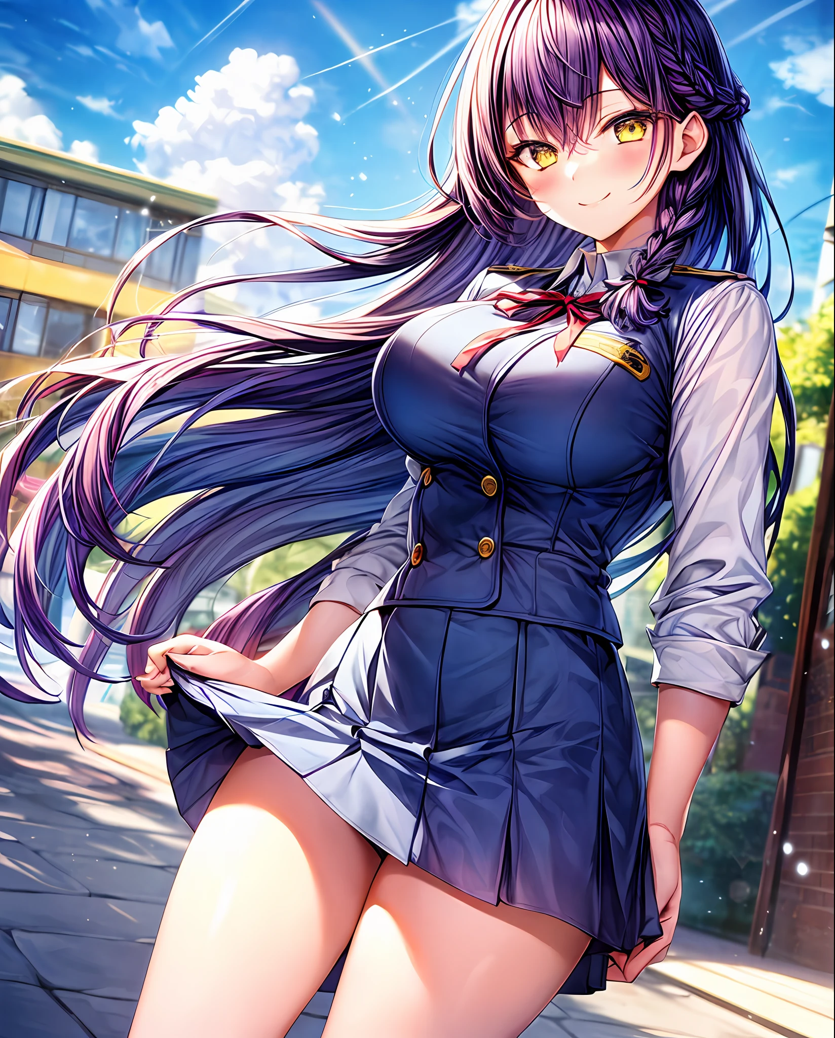 (masterpiece, top quality), 1 girl, long hair, braid, purple hair, smile, yellow eyes, ribbon in hair, half-sleeved uniform, blue sky, school, front view, sunshine, beautiful hair, cute face, cool, big, beautiful eyes, long eyelashes