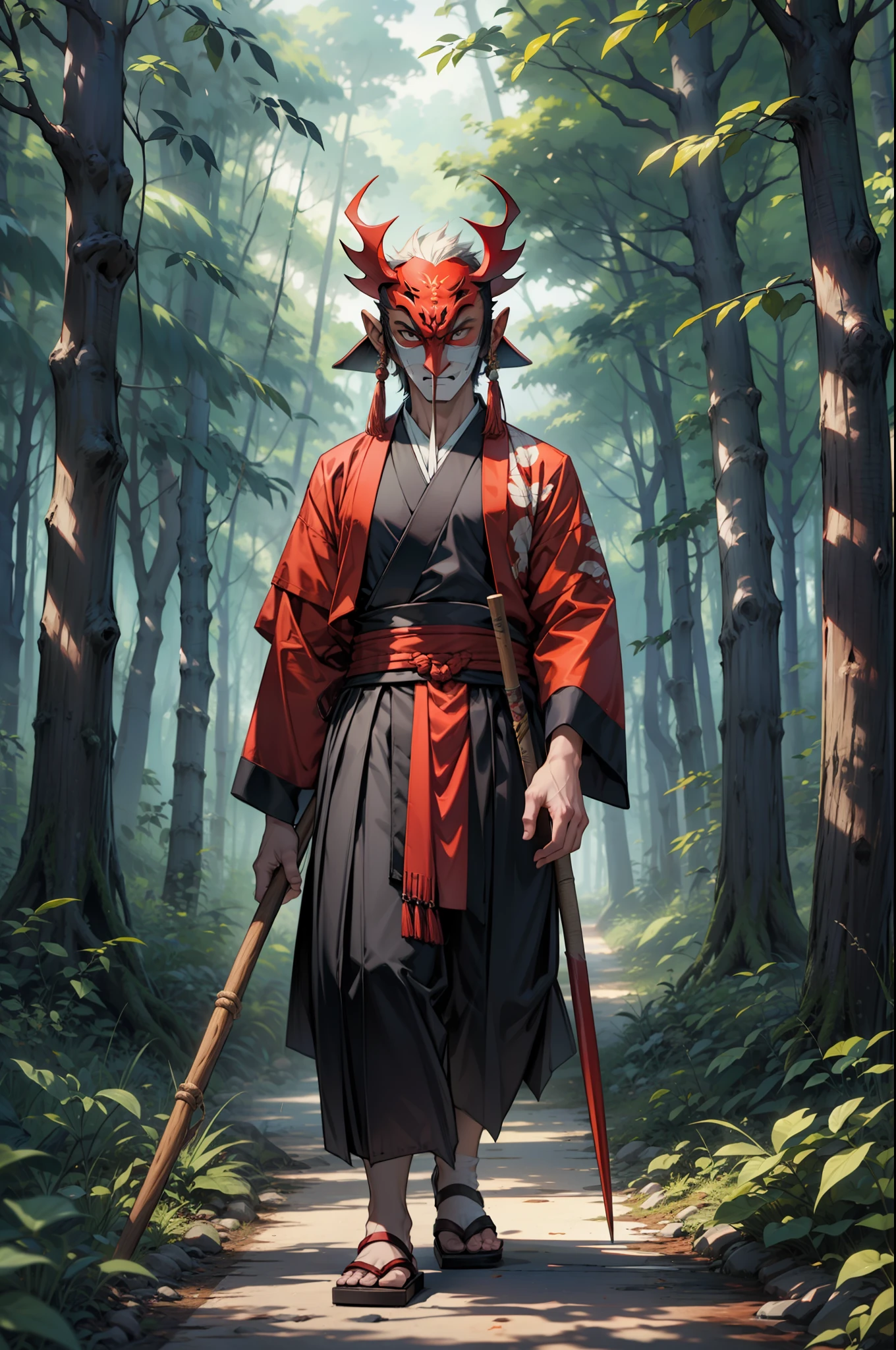 A mature Tengu Warrior,(Tengu_mask:1), solo holding a (Buddhist staff), mysterious dark forest scene