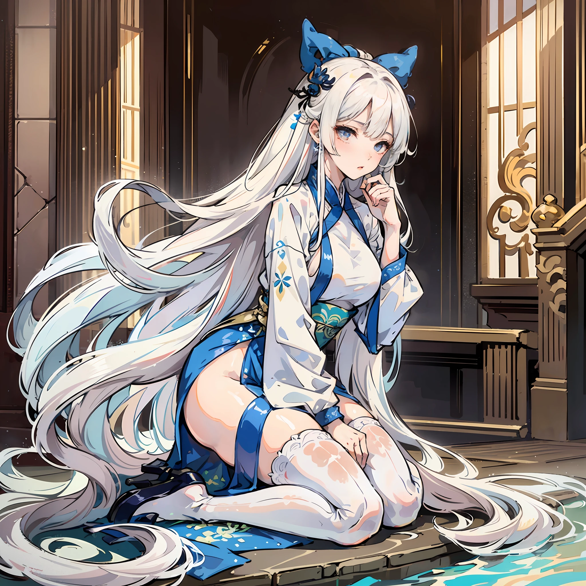 Long white hair, white one-piece stockings, white high heels, Hanfu, kneeling position, pouting hips, noble and elegant, with water stains on his body --auto --s2
