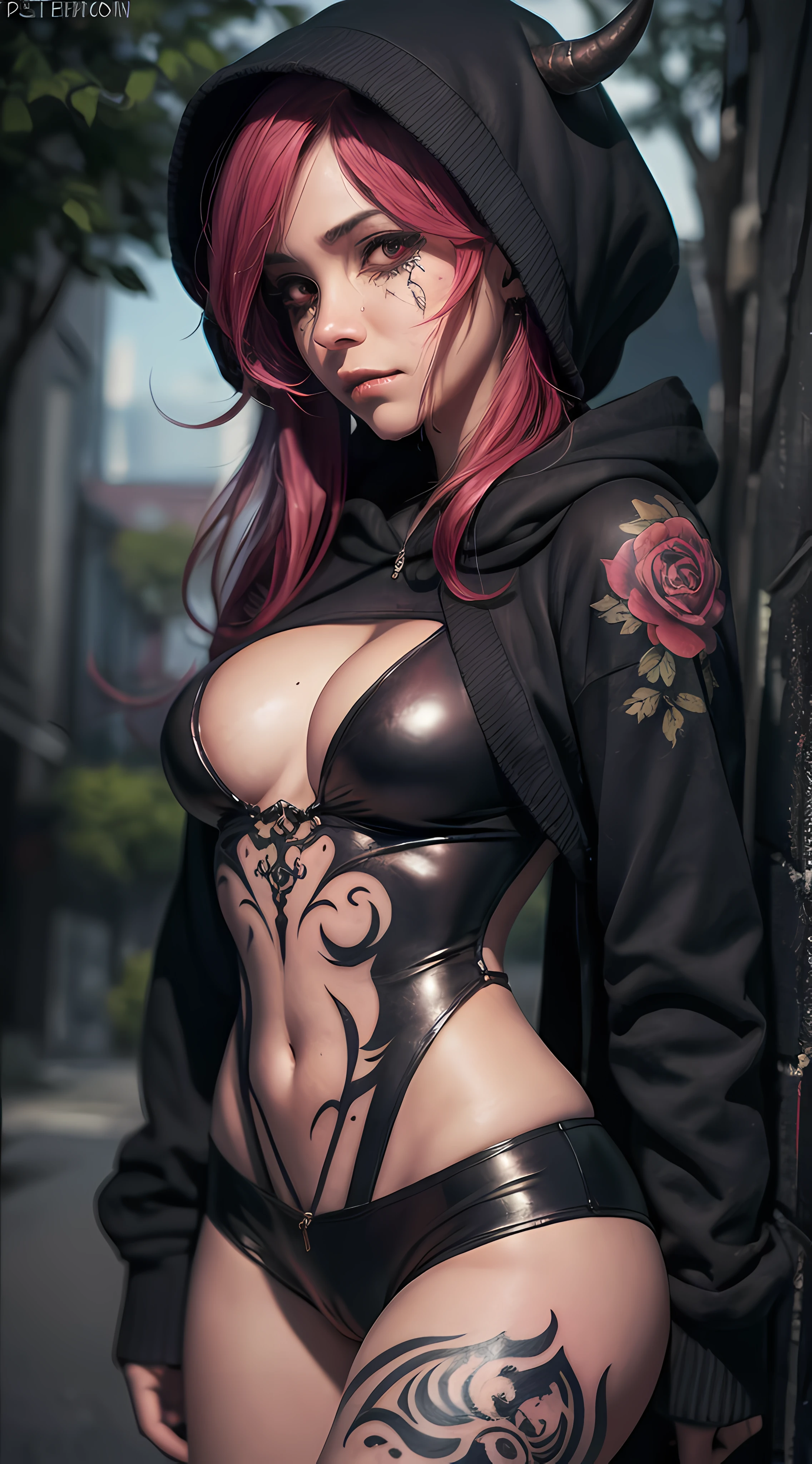 outdoor,(telephoto lens,full body),gyaru,weep,tears, slender fingers, exquisite facial features, prefect face,illustration,horror girl, tattoos, portrait of the god of death, angel of death, demon noble character design, Peter Morbach style, demon soul concept art,Cotton hoodie,((cameltoe))