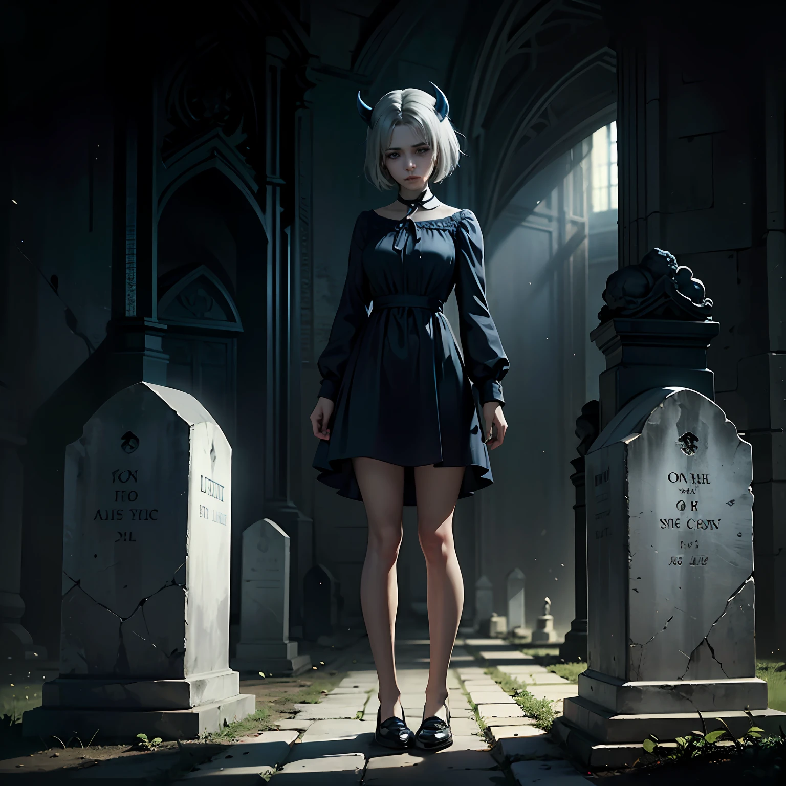 The girl stood at the grave with a sad expression on her face. Her white and short hair framed her face, emphasizing its fragility and tenderness.And on the girl's head there were blue horns. The girl's eyes were blue and reflected a deep sadness. She was dressed in a black dress that emphasized her slim figure and created an atmosphere of sorrow.

The girl's appearance enhanced her mystery and mystical appeal. She stood there as if merging with her surroundings, as if she were part of the grave itself. The air around her was filled with silence and silence, as if the girl's soul was also at a standstill at that moment.

Silently she leaned over the grave, as if trying to find answers that those below the ground would no longer be able to give. Her white hands looked so frail and delicate, as if she were holding life itself in her hands. 

The girl looked at the grave with sadness and respect, as if it carried some secret that she kept only for herself. Maybe she was laying there her secrets, her hopes and dreams.

Standing on the grave, she was the personification of melancholy and the invisible connection between past and present. Her appearance in the place filled it with a special energy and mystery. --auto