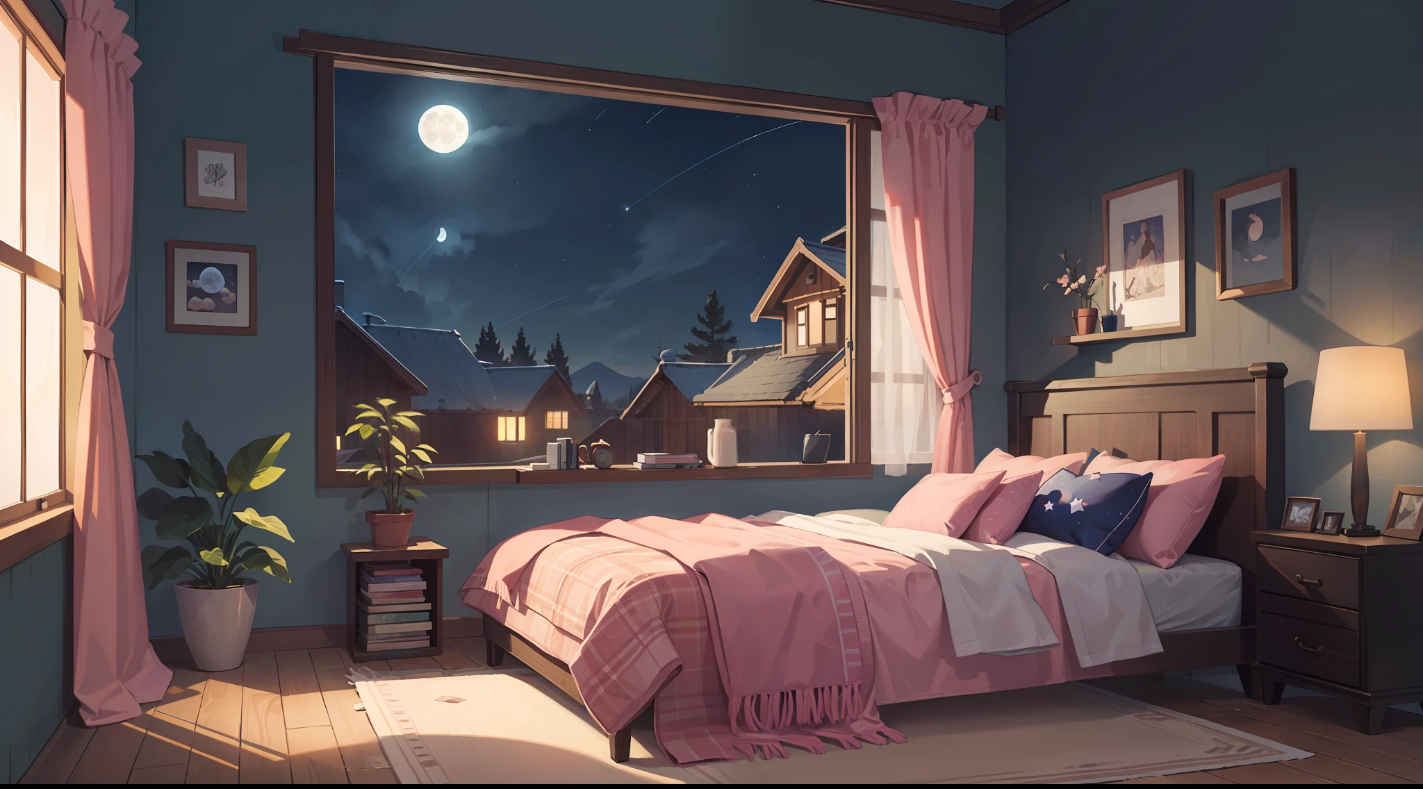 Bedroom window with night sky, full moon and stars in sky illustration (illustration 8k), pink, unmanned, (best quality) (intricate details) (8k) (night sky)