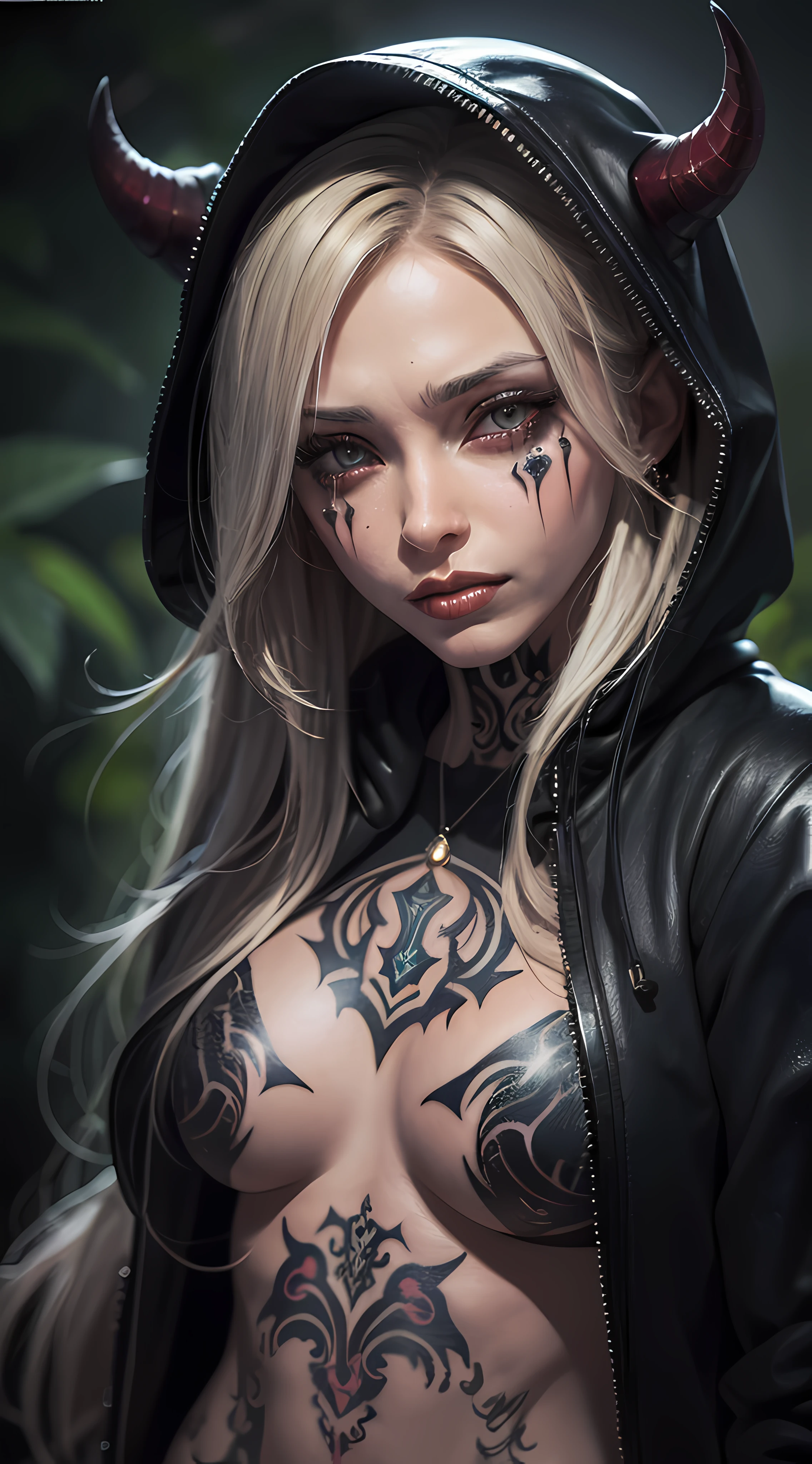 outdoor,(telephoto lens,full body),gyaru,weep,tears, slender fingers, exquisite facial features, prefect face,illustration,horror girl, tattoos, portrait of the god of death, angel of death, demon noble character design, Peter Morbach style, demon soul concept art,Cotton hoodie,((cameltoe))