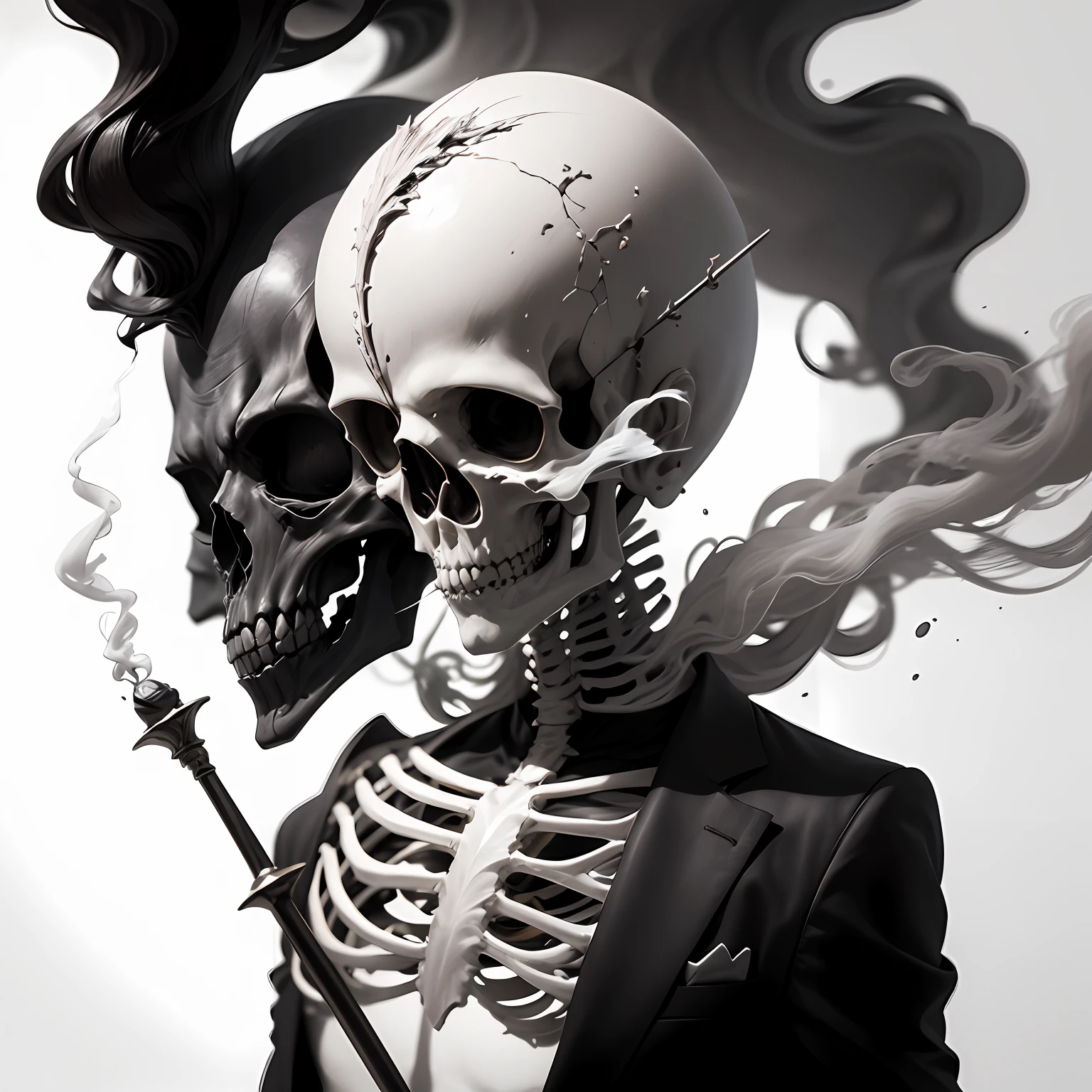 Abstract, Art, Grotesque, Absurd, Black and White, Head Replaced with Smoke, Suit, Sceptre, Wine, Texture, Head Occlusion, White Background, Simplicity, Skeleton --auto