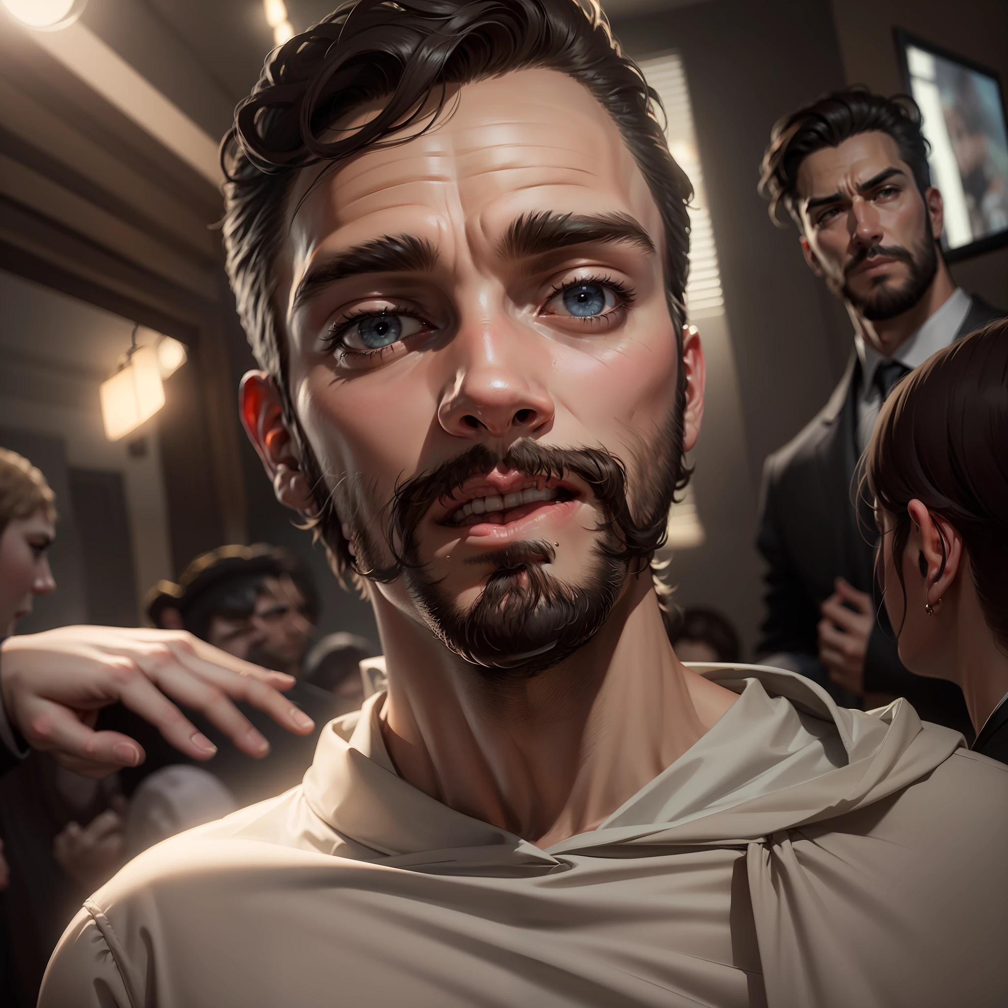 Beard face. Handsome boy. Party back ground. 8k ultra realistic.