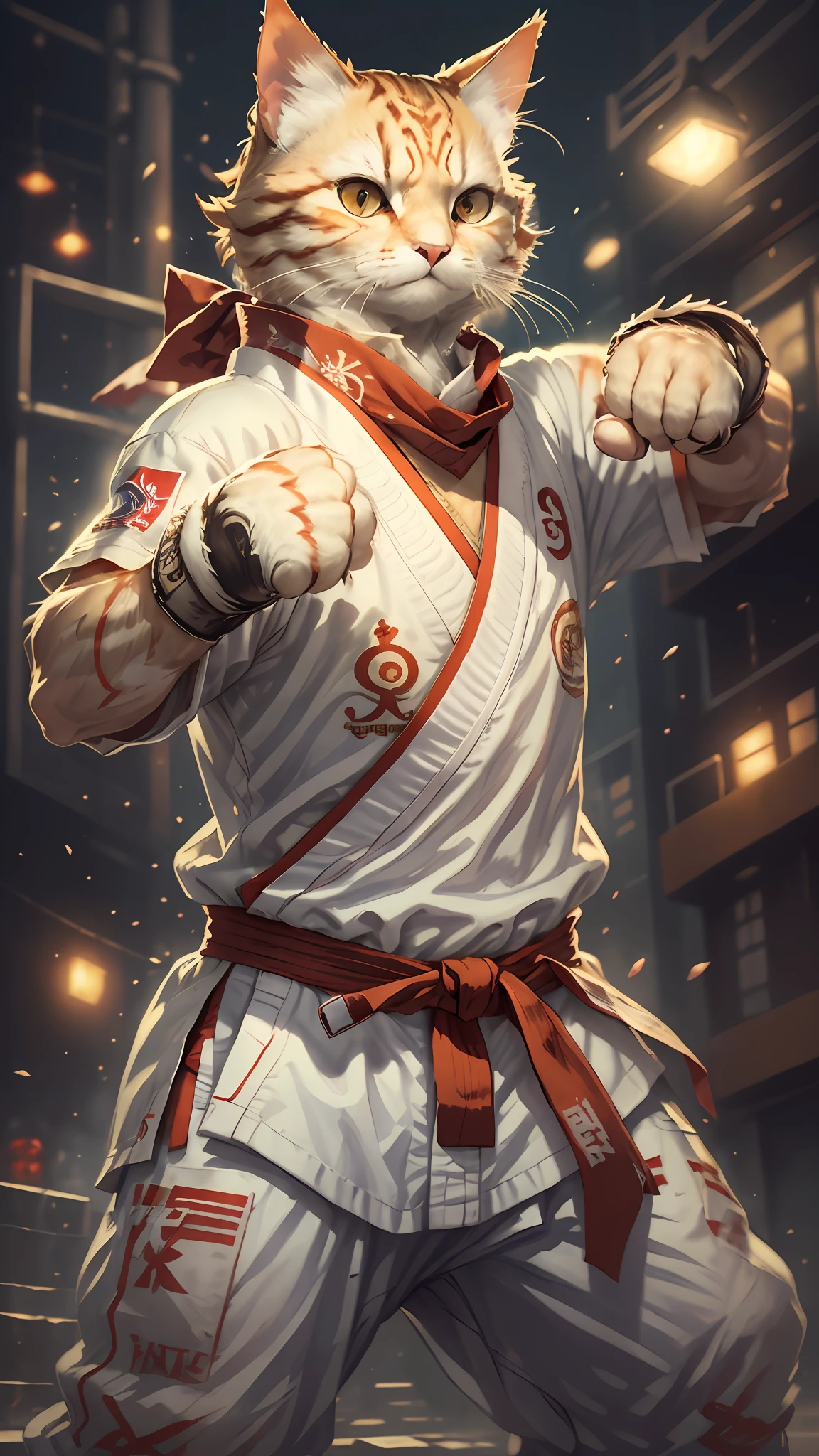 c4ttitude, wearing white karate costume, red bandana, focused energy, street fighter, random karate pose, (intricate detail), hdr, (intricate detail, super fine: 1.2), cinema shot, centered,