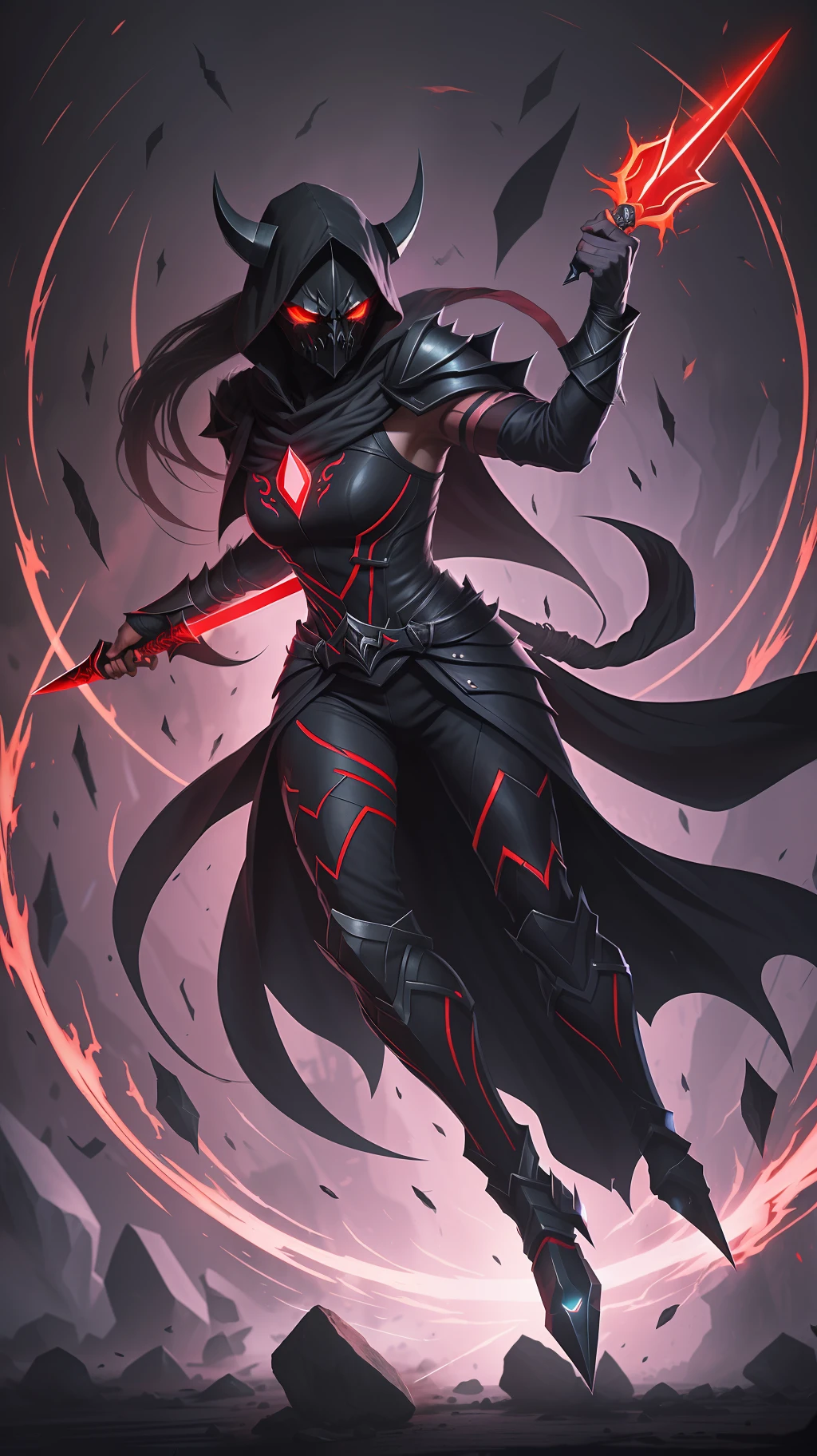 Shadowbane, the Void Assassin:

Description: A sleek and agile figure draped in black robes, with glowing red eyes. Carries dual daggers made of shadowy energy.
Abilities: Can blend into shadows, teleport, and unleash devastating shadow strikes