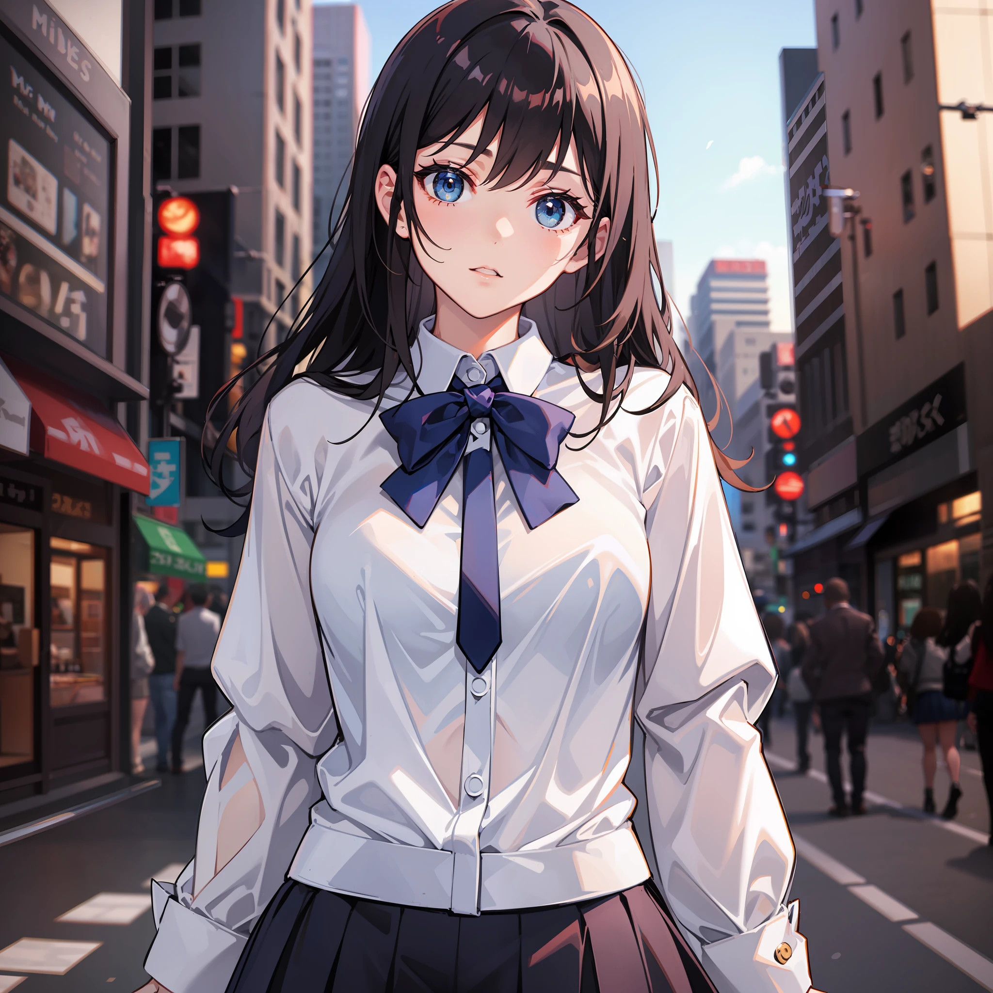 White blouse, girl, dark blue mini skirt