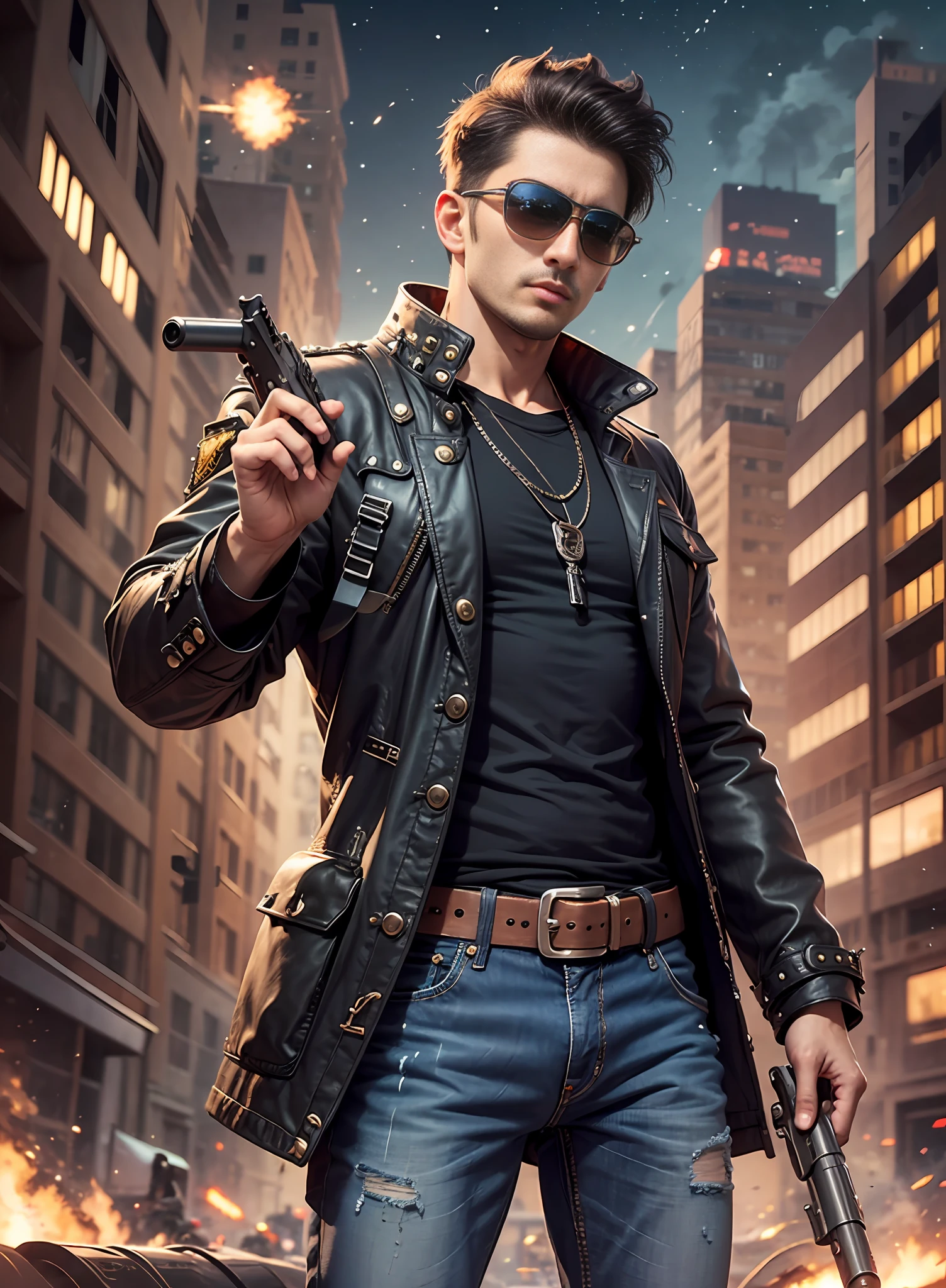 80s man, sunglasses, jeans, 1 black belt, long coat, long t-shirt, rivets, holster, rivets, just one body, front view, night, explosions behind, shoots big gun.