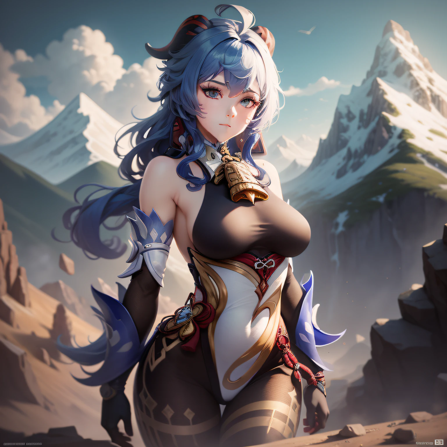 ultra realistic 8k cg, picture-perfect face, flawless, clean, professional artwork, famous artwork, perfect face, beautiful and detailed face, beautiful eyes, blue eyes, sleepy eyes, ((perfect female body)), solo 1 Girl, athletic body, Ganyu from Genshin Impact, full body standing on a hill, beautifully detailed background, mountains in the background, cinematic lighting, masterpiece, photorealistic, UHD, masterpiece, anatomically correct, high details, high quality, award winning, best quality