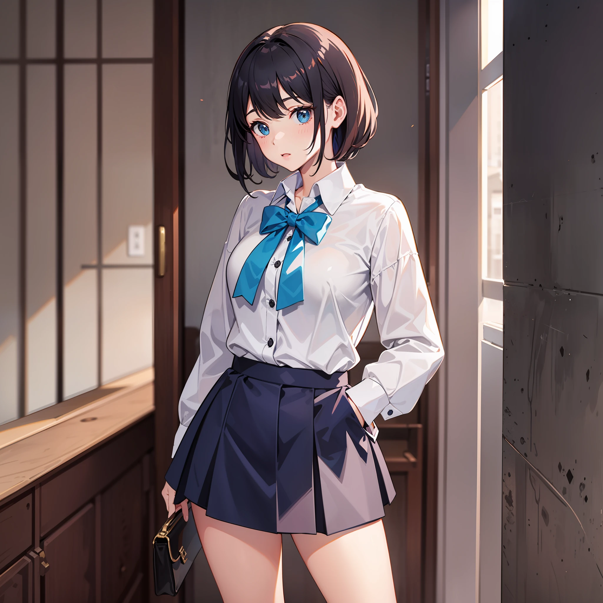 White blouse, girl, dark blue mini skirt