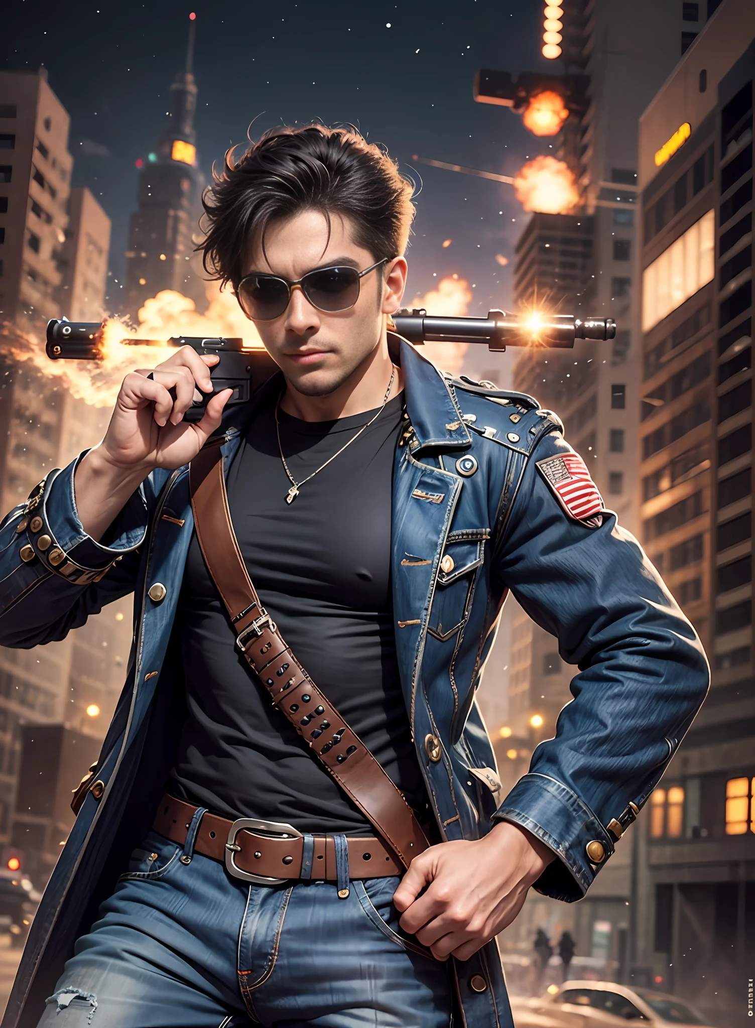 80s man, sunglasses, jeans, 1 black belt, long coat, long t-shirt, rivets, holster, rivets, just one body, front view, night, explosions behind, shoots big gun.