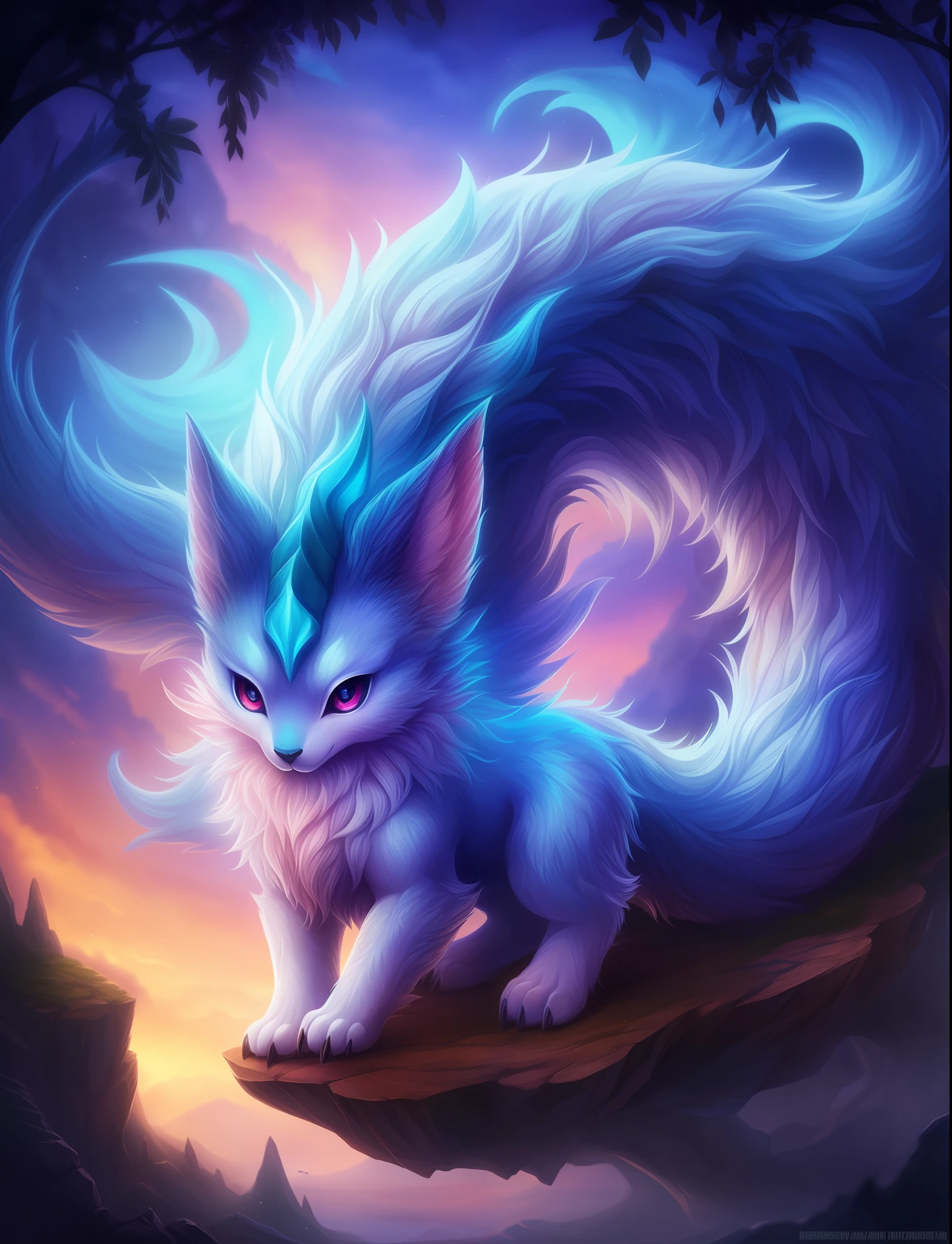 mythical creature, beast, fluffy, gradient color ((best quality)), ((masterpiece)), ( extreme detailed, highest detailed, official art, beautiful and aesthetic:1.2), depth of field, composition, FULL BODY, (CHIBI), (beautiful and detailed eye:1.3), Long tail