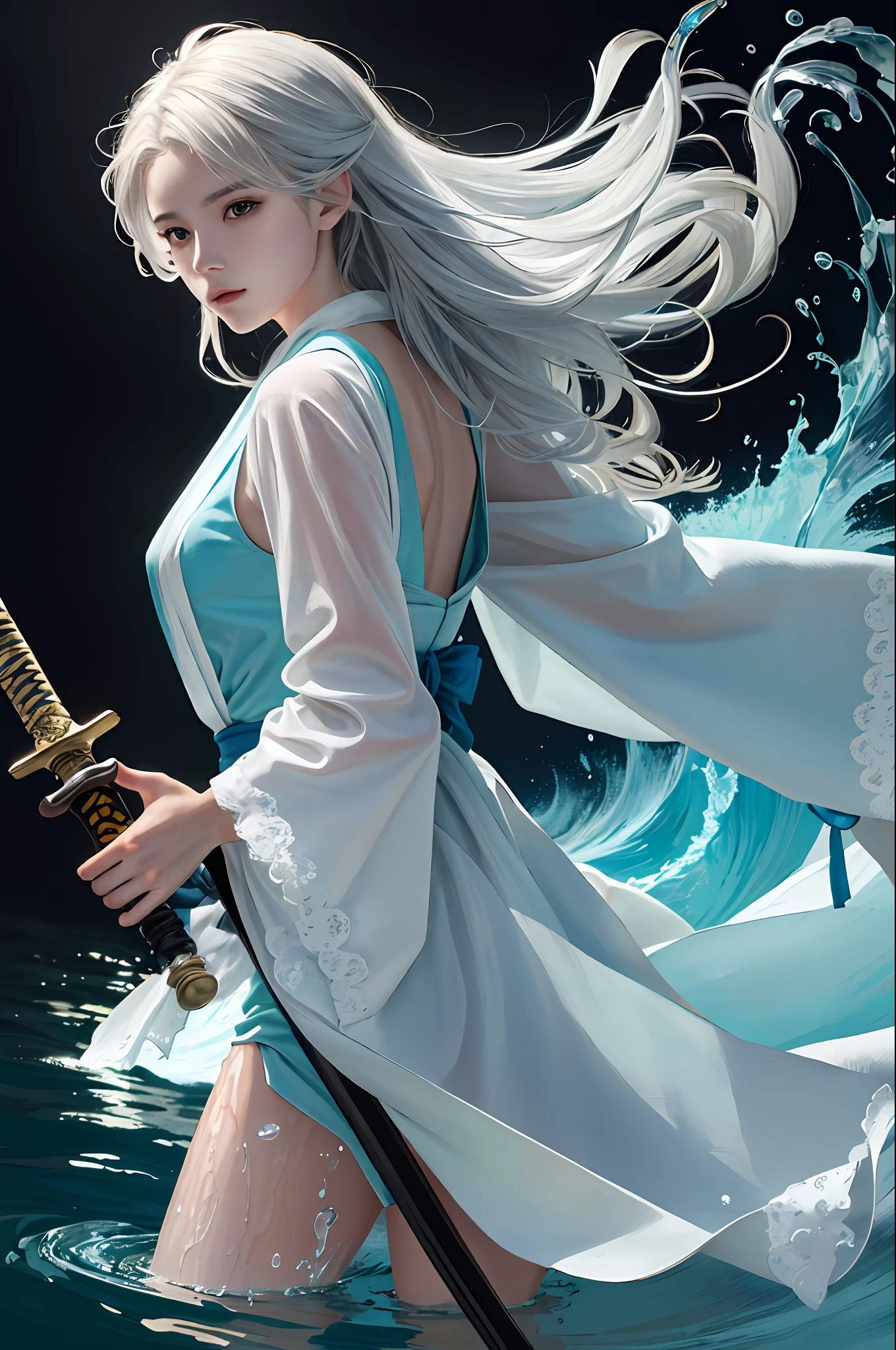 masterpiece, realistic, realism, photorealism, high contrast, photorealistic digital art trending on Artstation 8k HD high definition detailed realistic, 1girl,((water,water ring)), weapon, sword, solo, katana, holding, water, grey eyes, holding weapon, japanese clothes, holding sword, white hair, long hair, kimono, black hair, wide sleeves, long sleeves, lips, cowboy shot, black background, back, parted lips,art by artgerm and ruan jia and greg rutkowski surreal painting,detailed, skin texture, hyper-detailed, realistic skin texture,