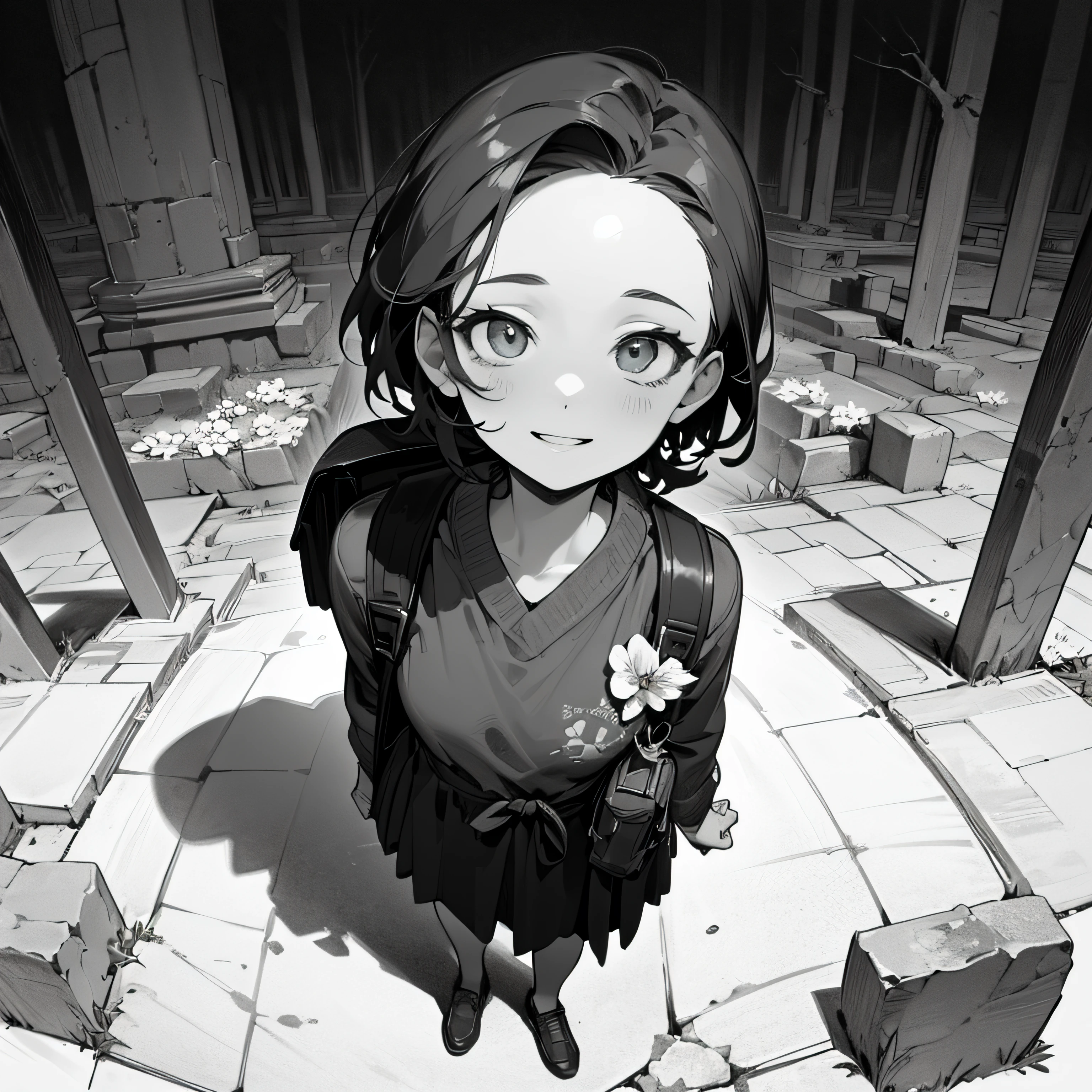 (background ancient ruins), original,(illustration:1.2 black and white),(best quality), (masterpiece:1.2), (extremely detailed 8k unit wallpaper, black and white image, made in HB graphite pencils, (panoramic photo:1.4),(full body:1.05), (splashes),((GRAFFITI)), sharp focus, 1 girl standing with backpack on her back, (flowers, woods), outdoors, stones, make happy expressions, soft, pure smile, beautiful and detailed face and eyes, short hair, soft face, forehead --auto