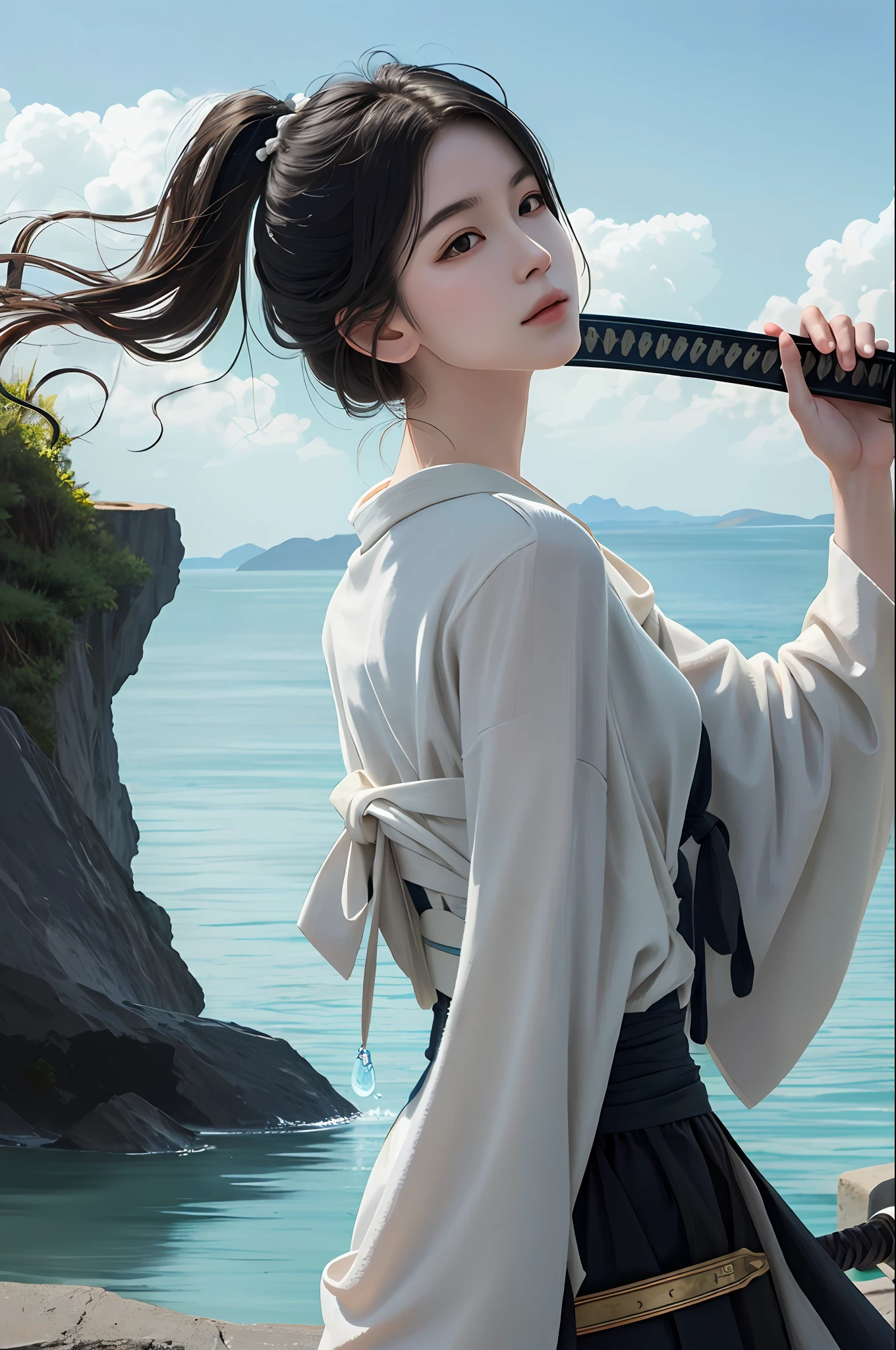 masterpiece, realistic, realism, photorealism, high contrast, photorealistic digital art trending on Artstation 8k HD high definition detailed realistic, 1girl,((water,water ring)), weapon, sword, solo, katana, holding, water, grey eyes, holding weapon, japanese clothes, holding sword, white hair, long hair, kimono, black hair, wide sleeves, long sleeves, lips, cowboy shot, black background, back, parted lips,art by artgerm and ruan jia and greg rutkowski surreal painting,detailed, skin texture, hyper-detailed, realistic skin texture,