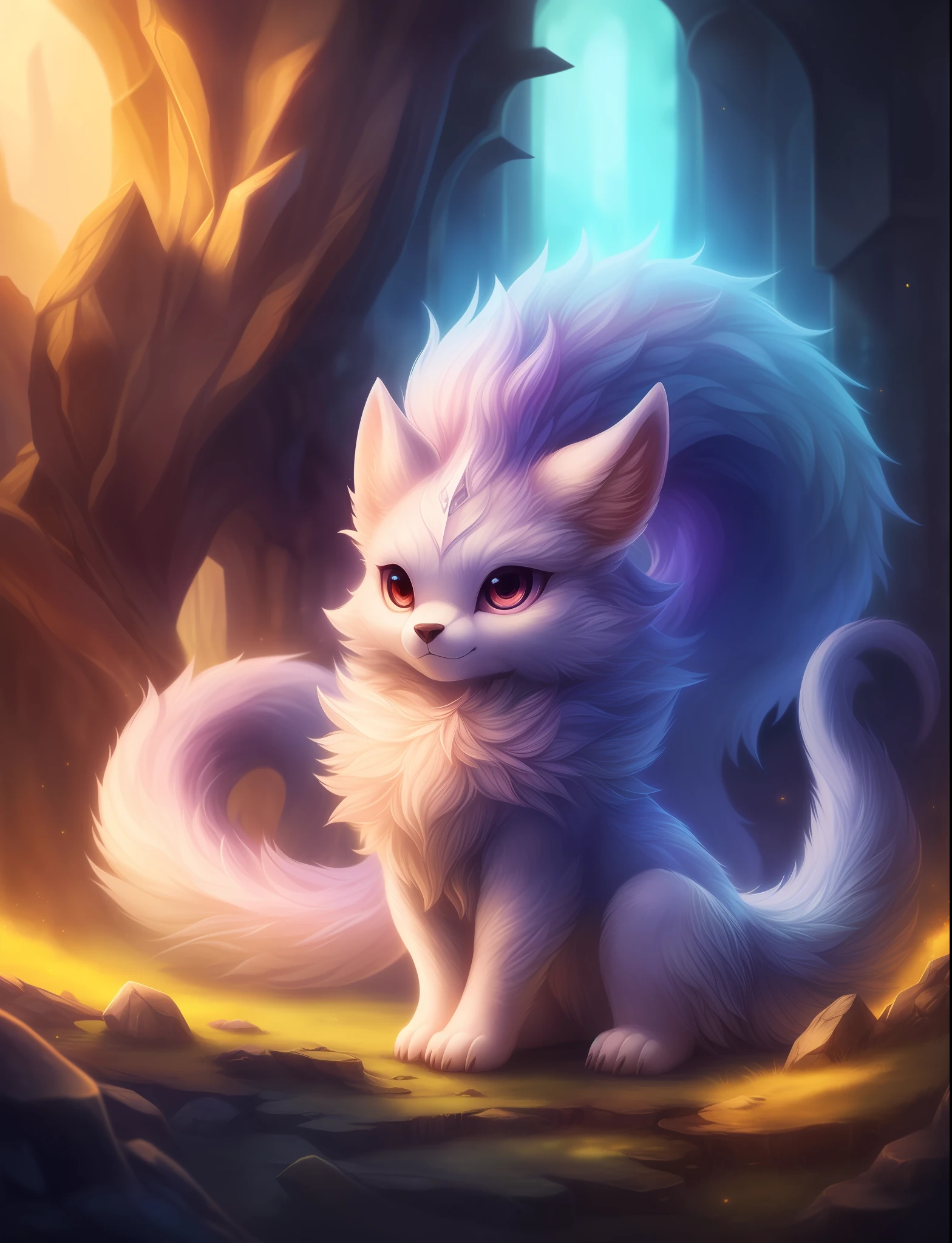 mythical creature, beast, fluffy, gradient color ((best quality)), ((masterpiece)), ( extreme detailed, highest detailed, official art, beautiful and aesthetic:1.2), depth of field, composition, FULL BODY, (CHIBI), (beautiful and detailed eye:1.3), Long tail