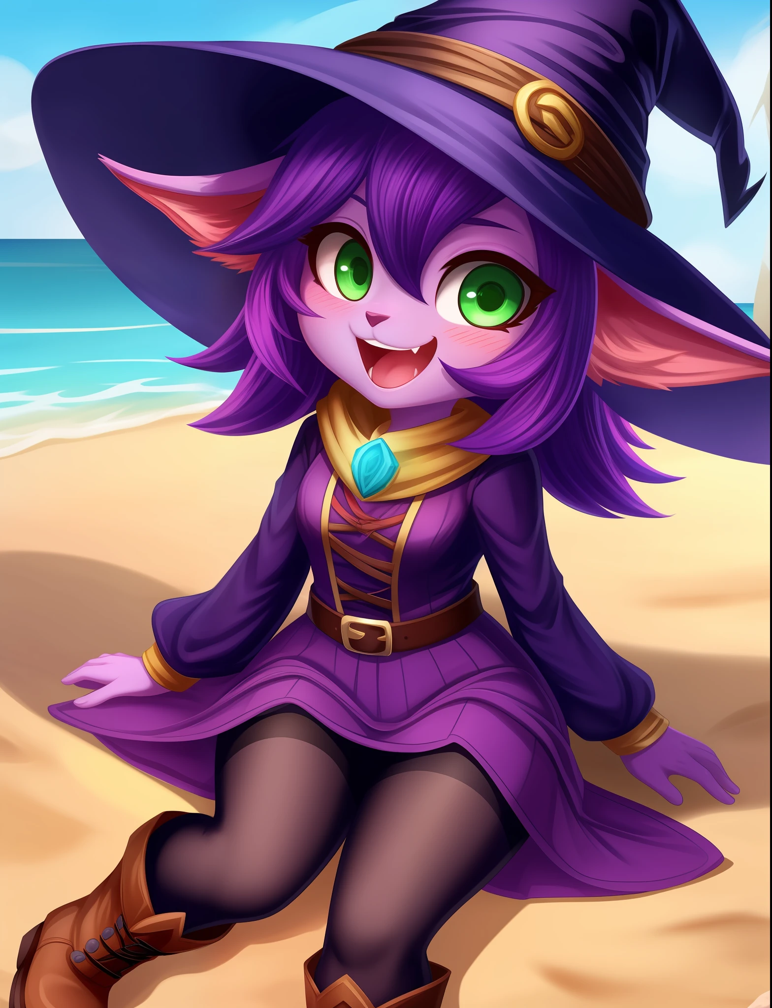 beach, lulu (league of legends), 1girl, animal ears, black pantyhose, blush, boots, colored skin, dress, fang, full body, green eyes, happy, hat, league of legends, long sleeves, open mouth, pantyhose, purple hair, purple skin, smile, solo, striped, witch hat, yordle