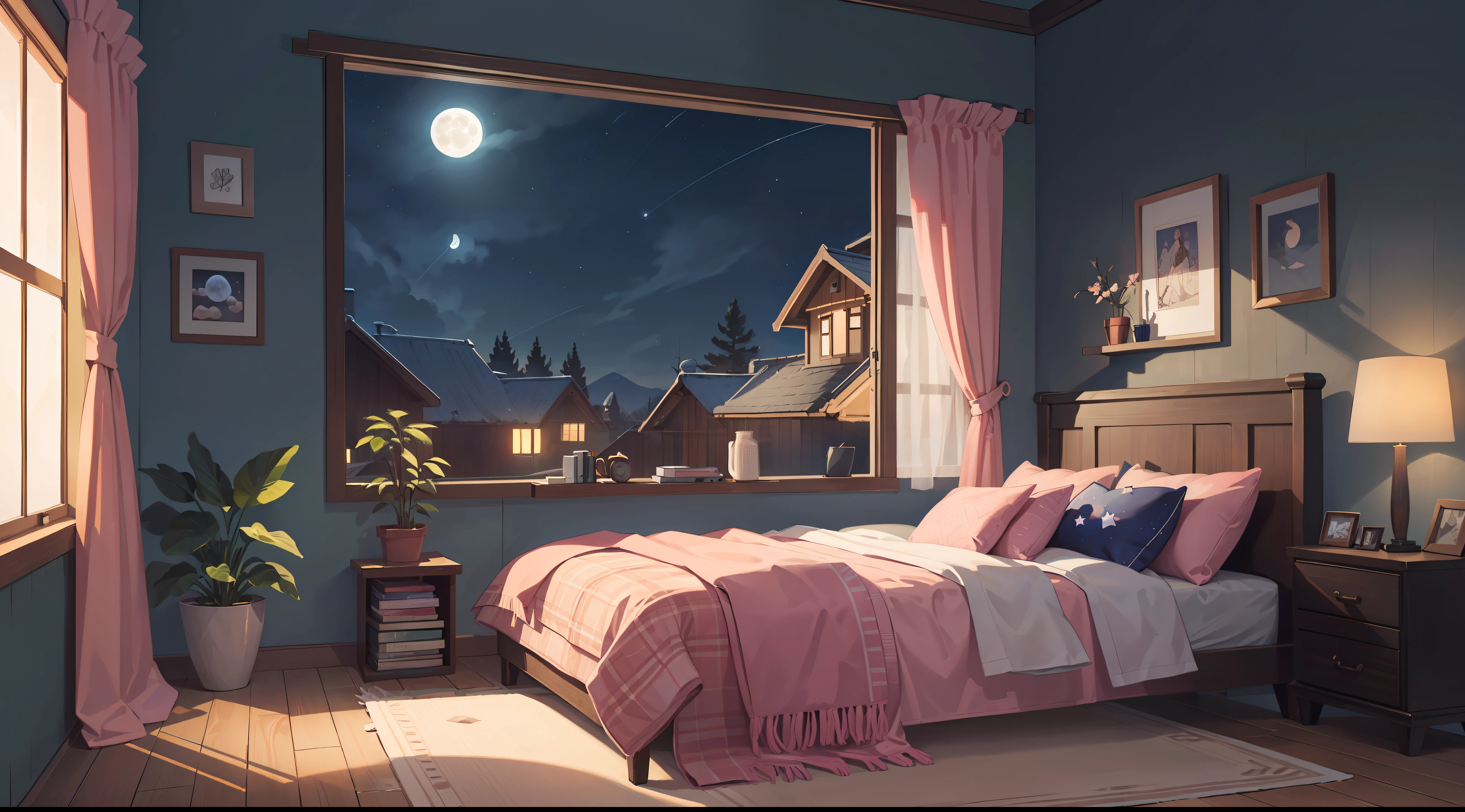 Bedroom window with night sky, full moon and stars in sky illustration (illustration 8k), pink, unmanned, (best quality) (intricate details) (8k) (night sky)