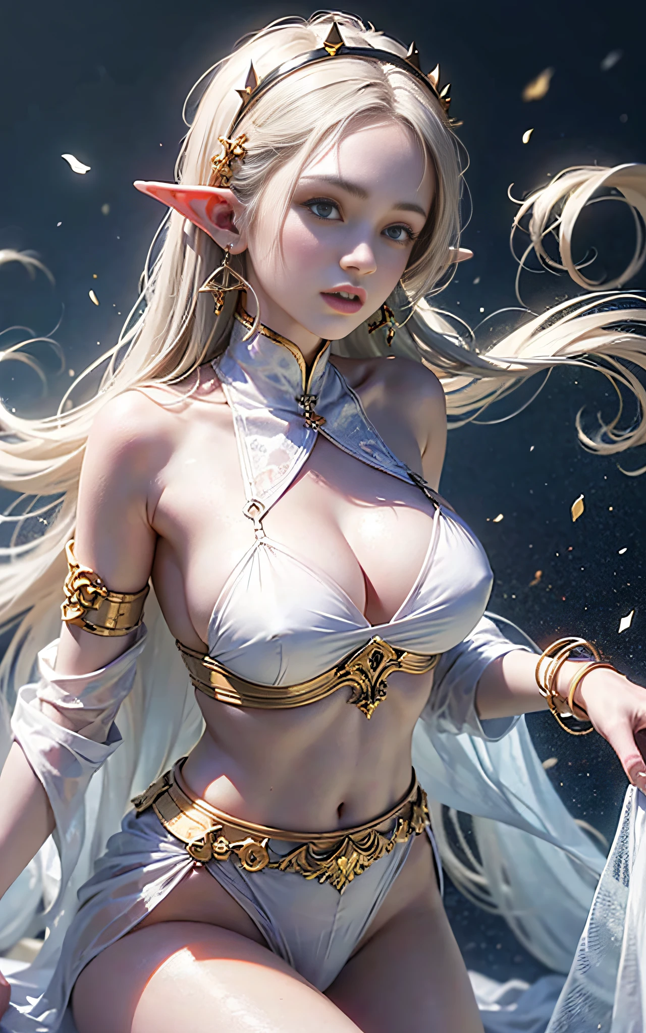 Elf, white skin like china, 20-year-old woman, medieval fantasy world, blurred background, dynamic angle, side-string, pierced ears, thin white cloth wrapped around body, live action, f/1.8, 85mm, canon, high detail, high resolution, 8k, 16k, covering breasts with cloth, covering waist with cloth, bathing, not wearing clothes