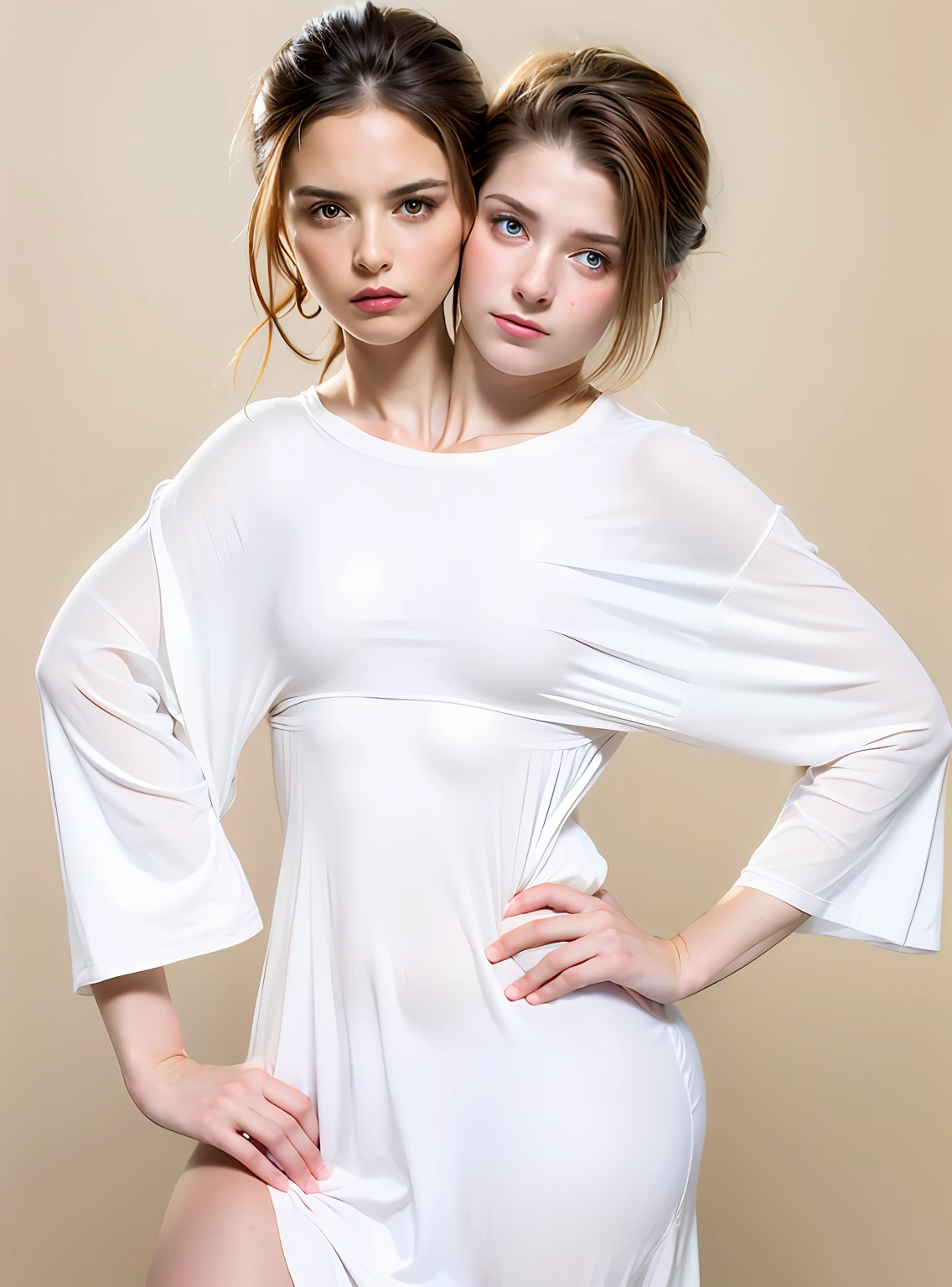 2heads, two headed girl, (one torso:1.5), pale skin, Scottish redhead, teenager, white girls, different ages, (two heads on one body:1.4), (first head uncomfortable:1.5), (second head unhappy:1.5) conjoined twins, heads side by side, one torso, young, uncomfortable, barefoot