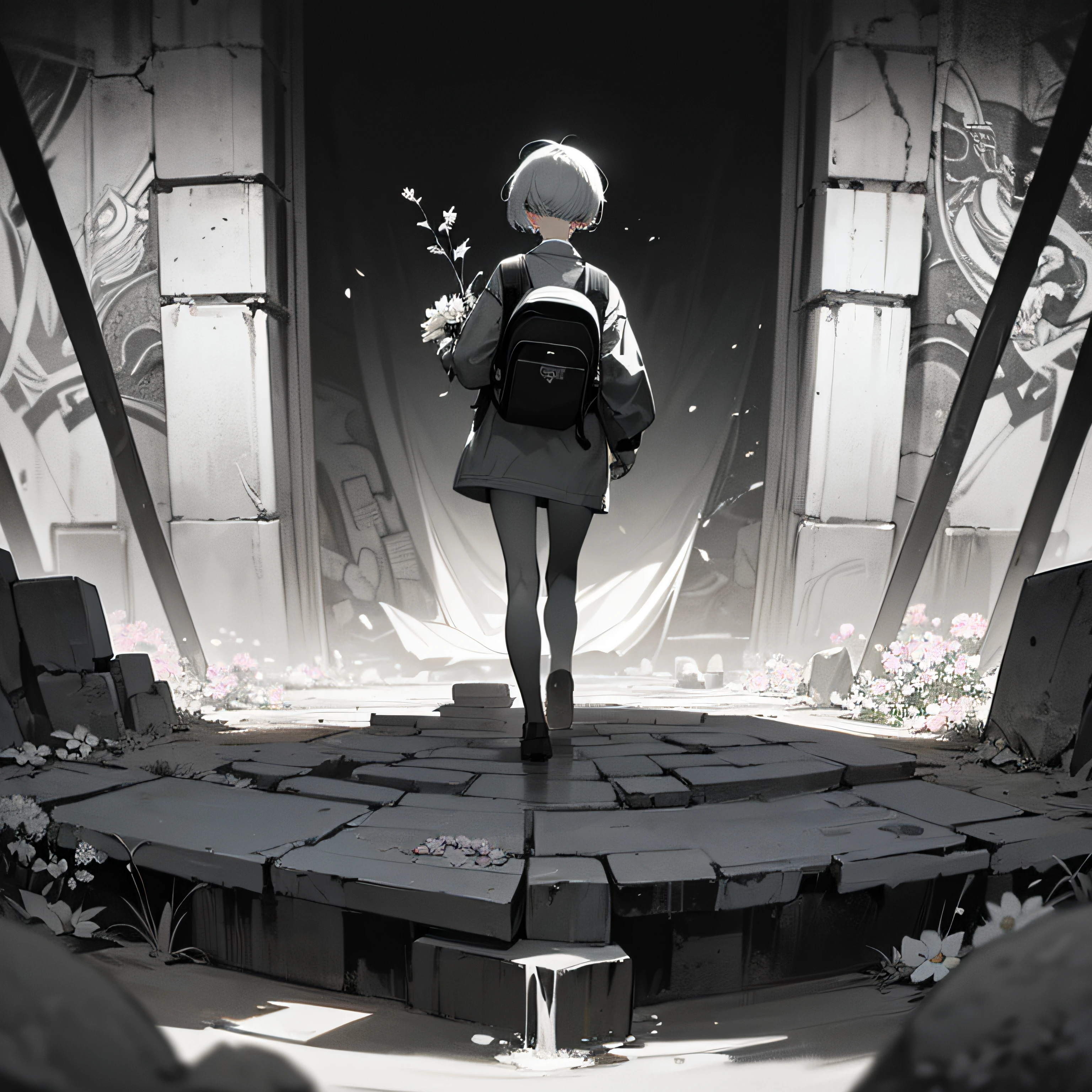 (background ancient ruins), original,(illustration:1.2 black and white),(best quality), (masterpiece:1.2), (extremely detailed 8k unit wallpaper, black and white image, made in HB graphite pencils, (panoramic photo:1.4),(full body:1.05), (splashes),((GRAFFITI)), sharp focus, 1 girl standing with backpack on her back, (flowers, woods), outdoors, stones, make happy expressions, soft, pure smile, beautiful and detailed face and eyes, short hair, soft face, forehead --auto